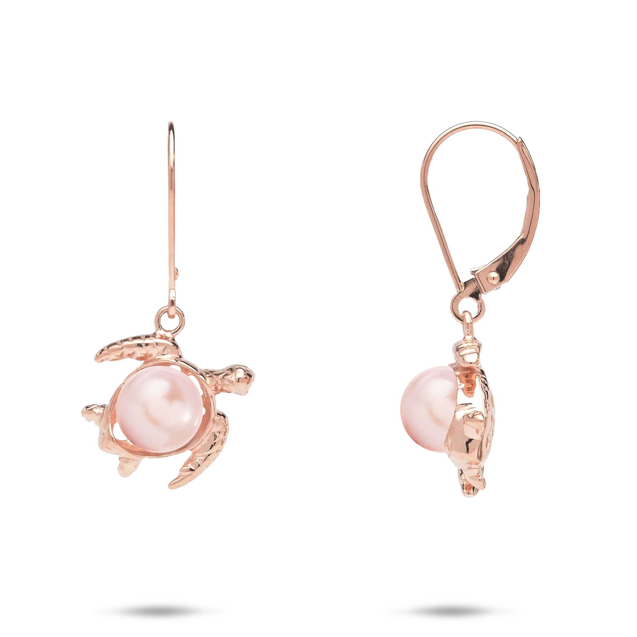 13mm Pick A Pearl Honu Earrings in Rose Gold with Pink Pearls on a white background