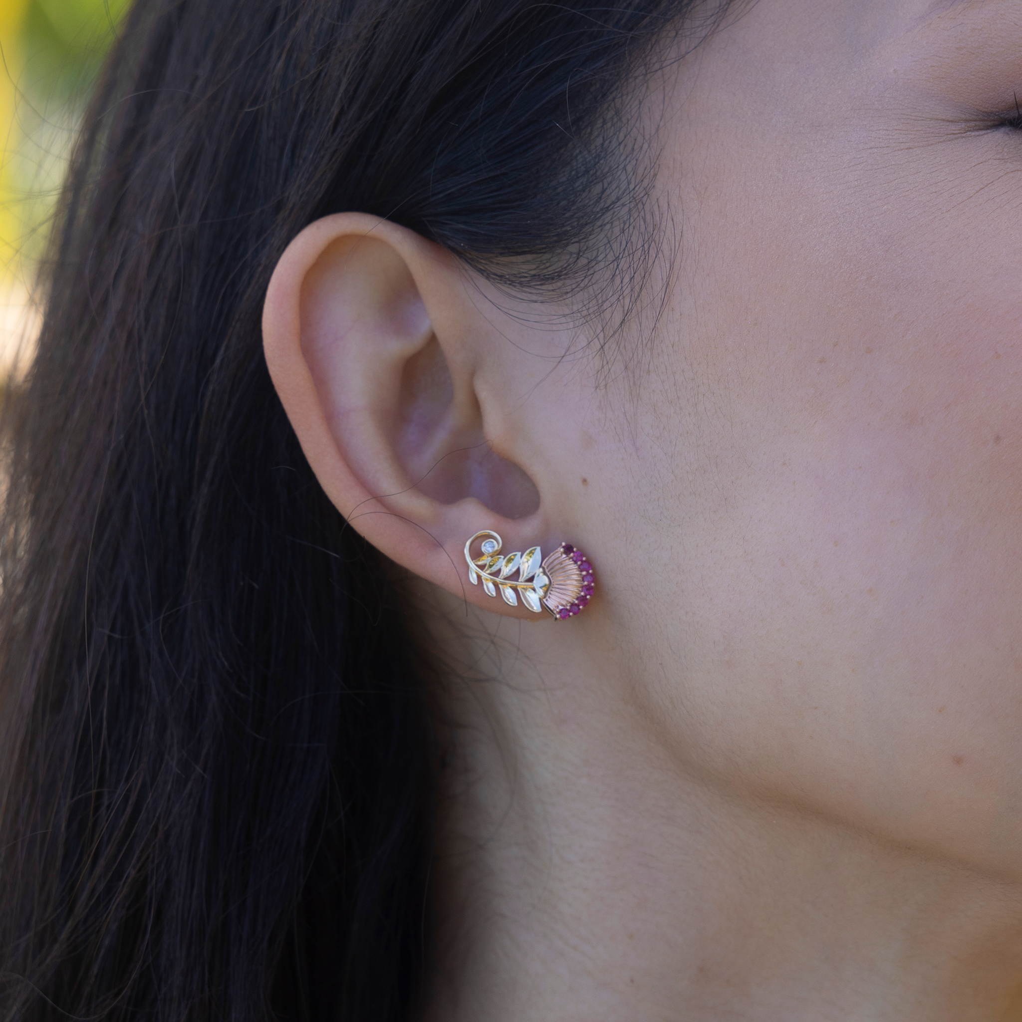 ʻŌhiʻa Lehua Ruby Earrings in Two Tone Gold with Diamonds - 19mm