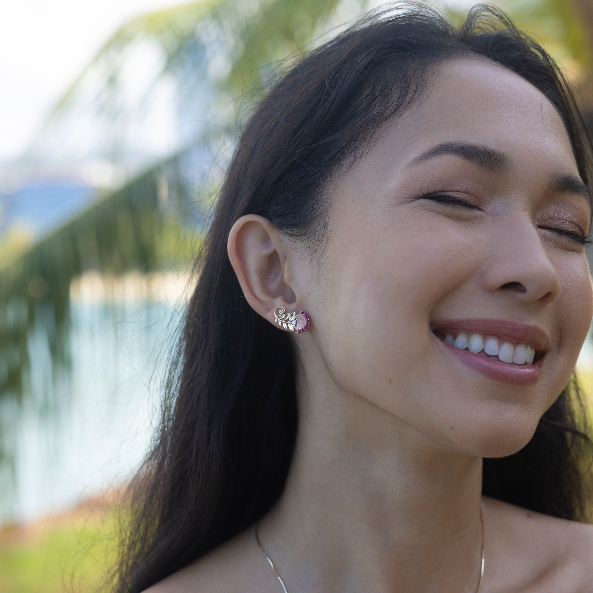 ʻŌhiʻa Lehua Ruby Earrings in Two Tone Gold with Diamonds - 19mm
