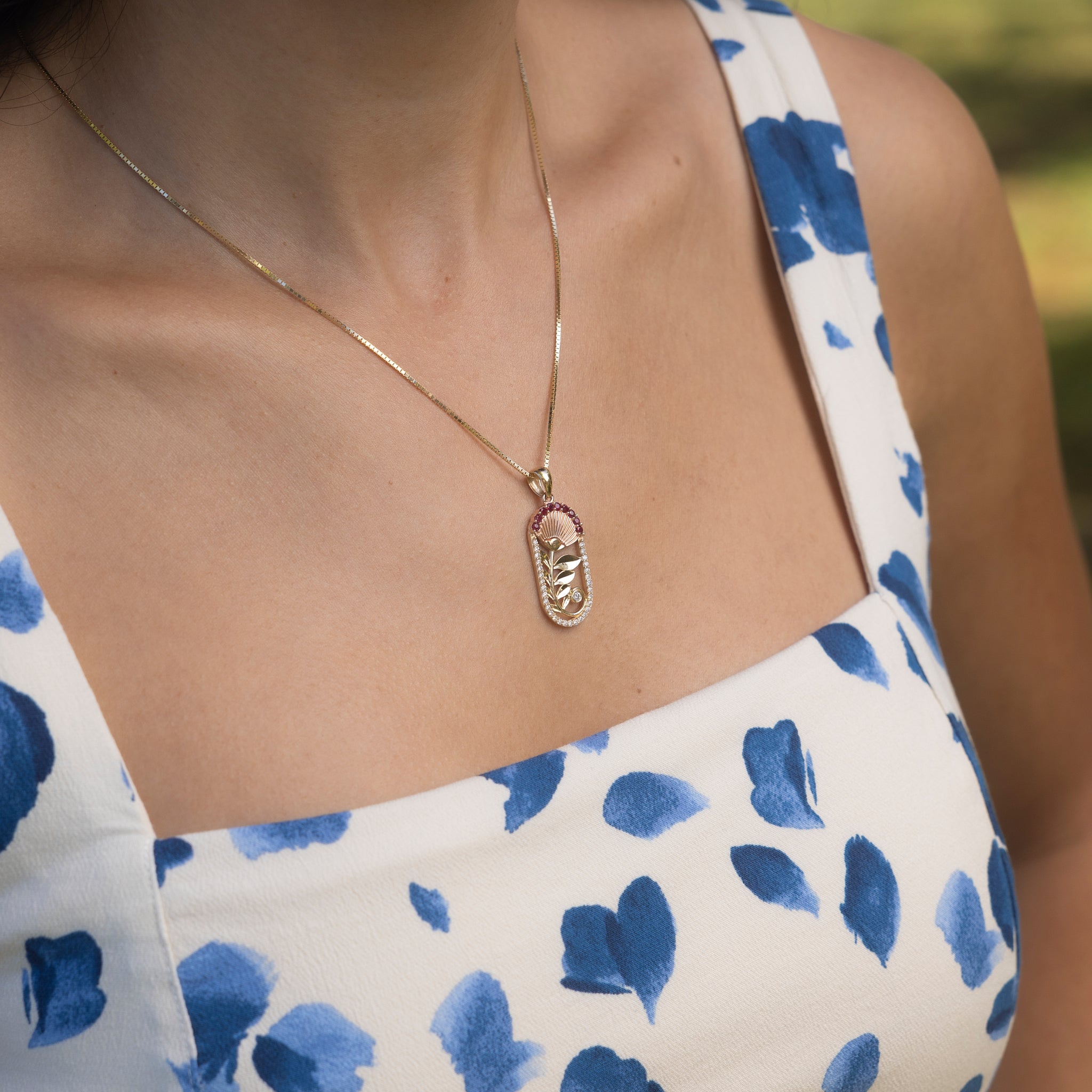 ʻŌhiʻa Lehua Ruby Pendant in Two Tone Gold with Diamonds - 27.5mm