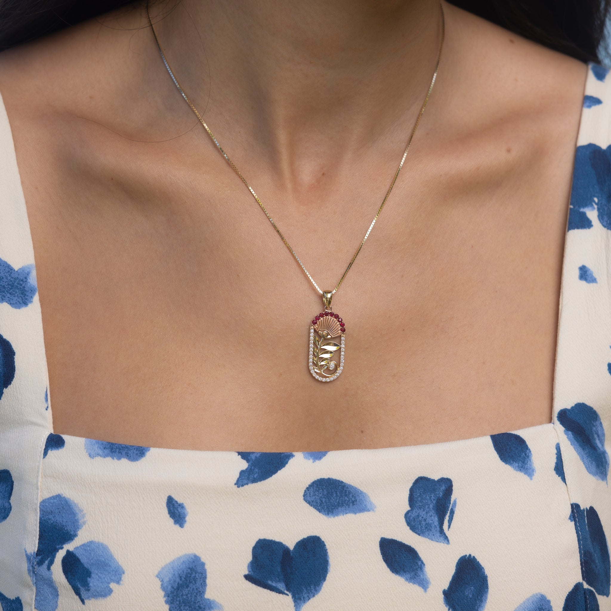 ʻŌhiʻa Lehua Ruby Pendant in Two Tone Gold with Diamonds - 27.5mm