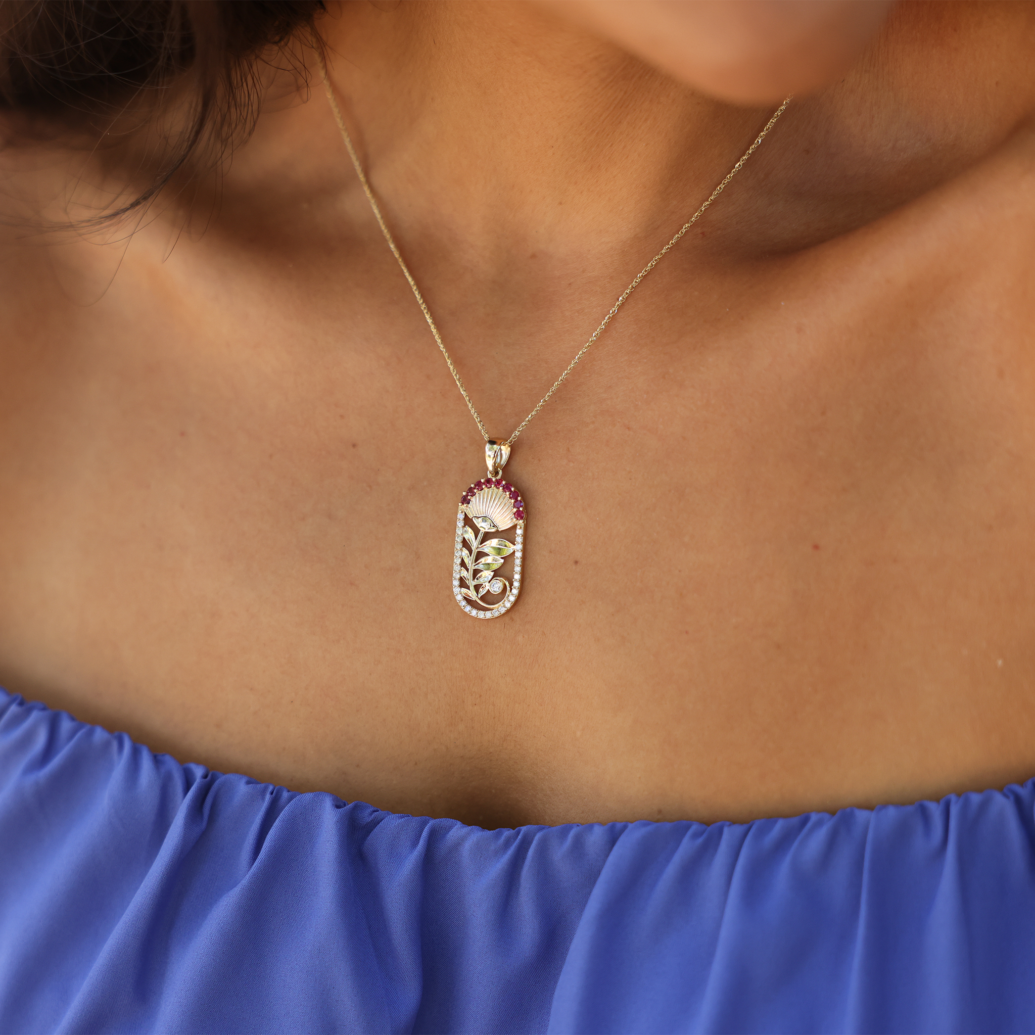 ʻŌhiʻa Lehua Ruby Pendant in Gold with Diamonds