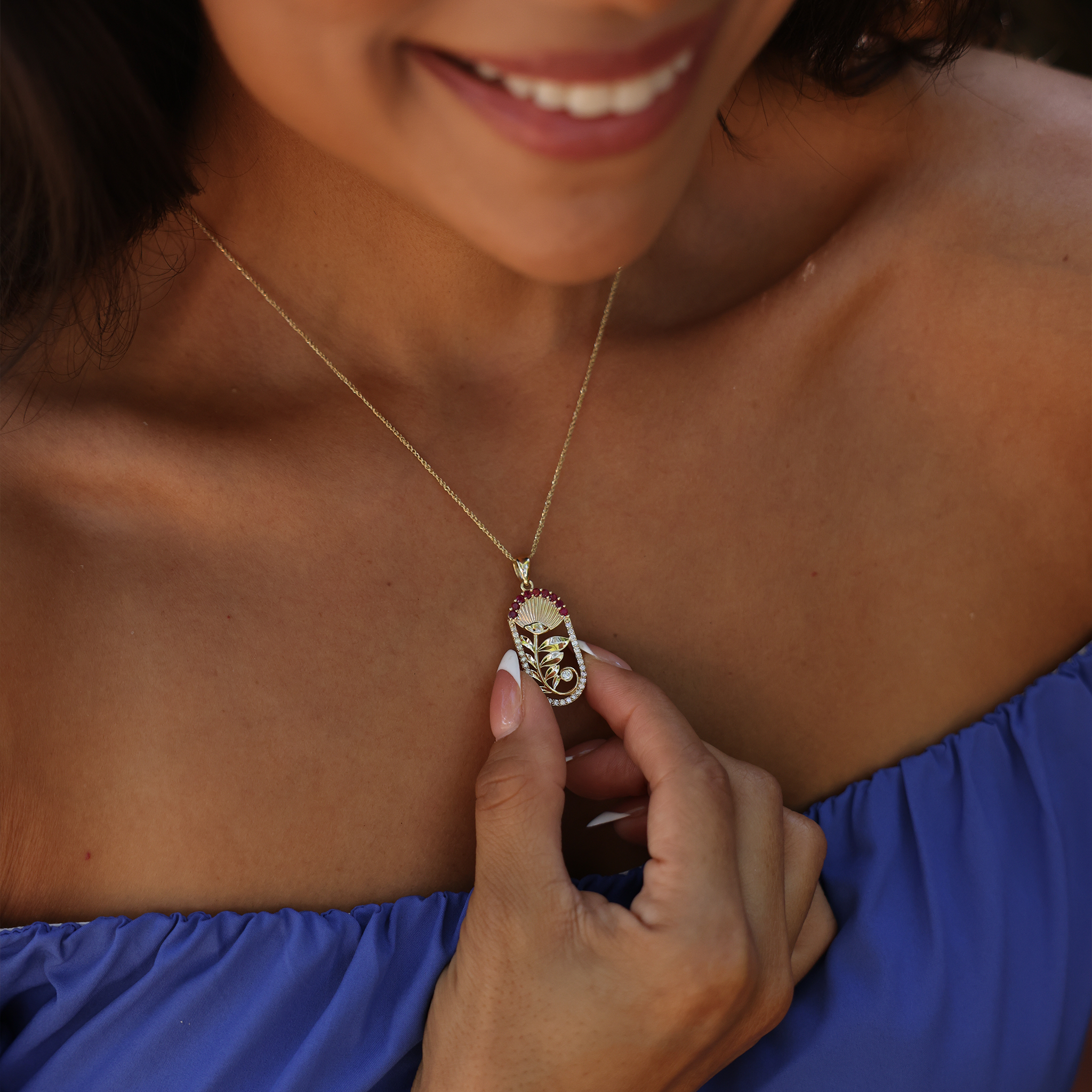 ʻŌhiʻa Lehua Ruby Pendant in Gold with Diamonds