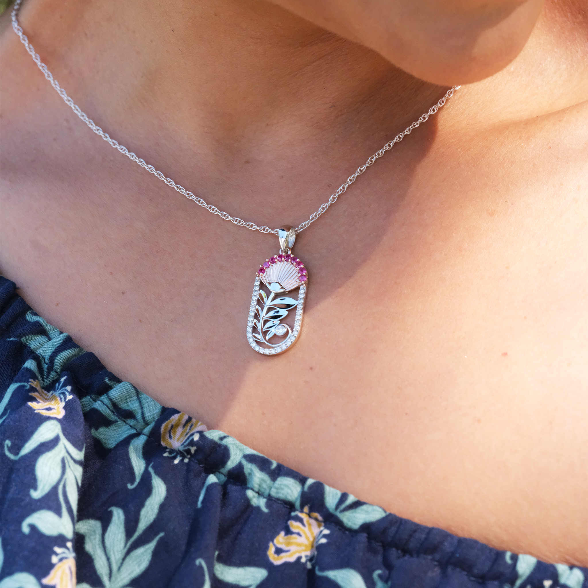 ʻŌhiʻa Lehua Ruby Pendant in Two Tone Gold with Diamonds - 27.5mm