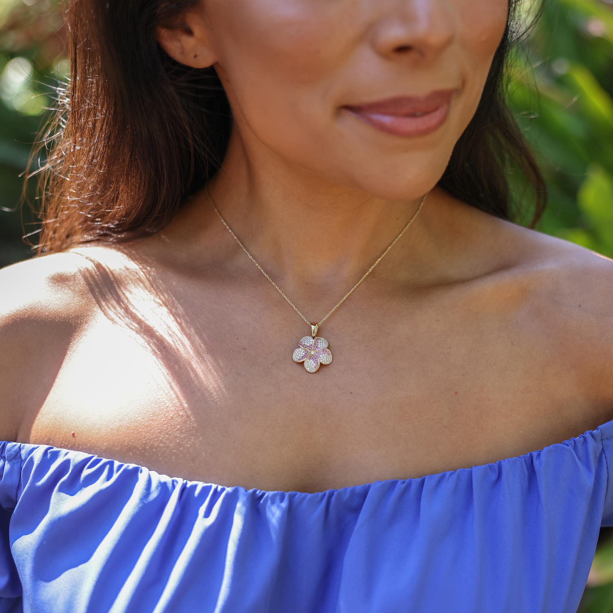 Plumeria Pink Sapphire Pendant in Gold with Diamonds - 20mm