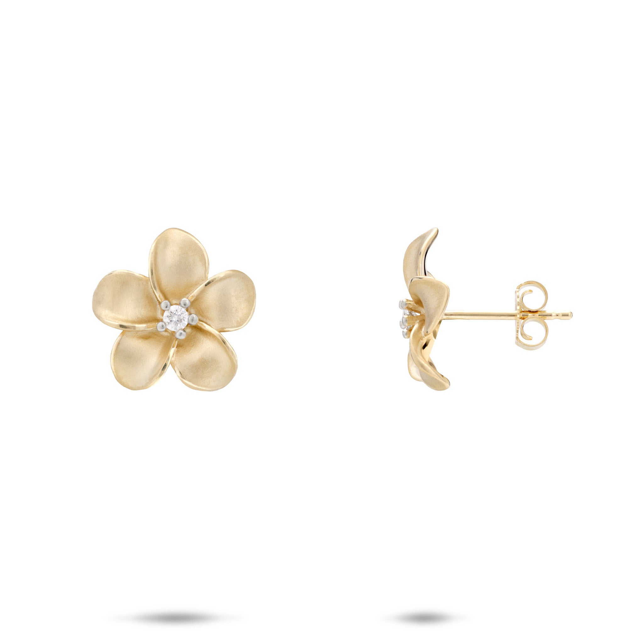 Plumeria Earrings in 14k Yellow Gold with Diamonds on a white background