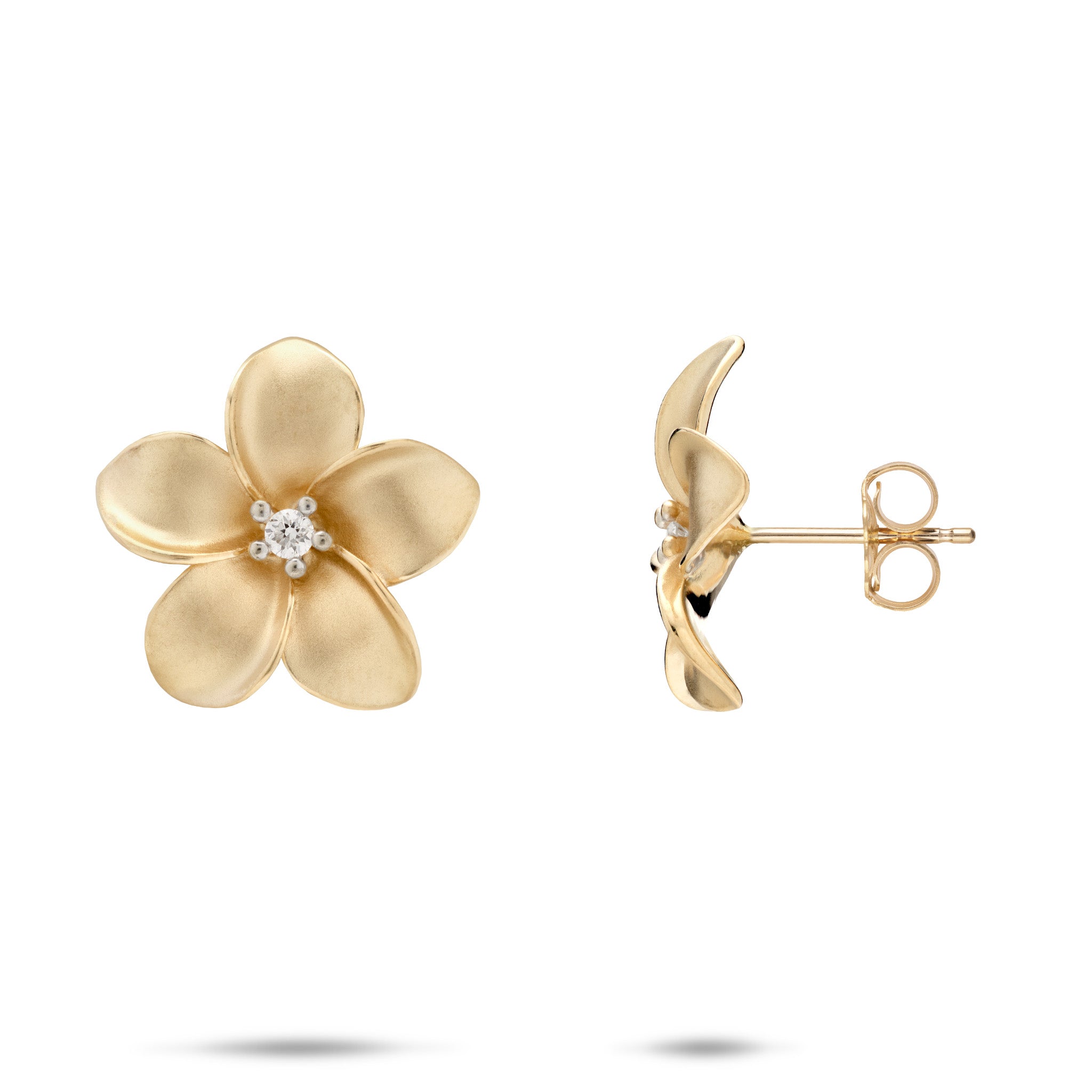 18mm Plumeria Stud Earrings in 14k Yellow Gold with Diamonds