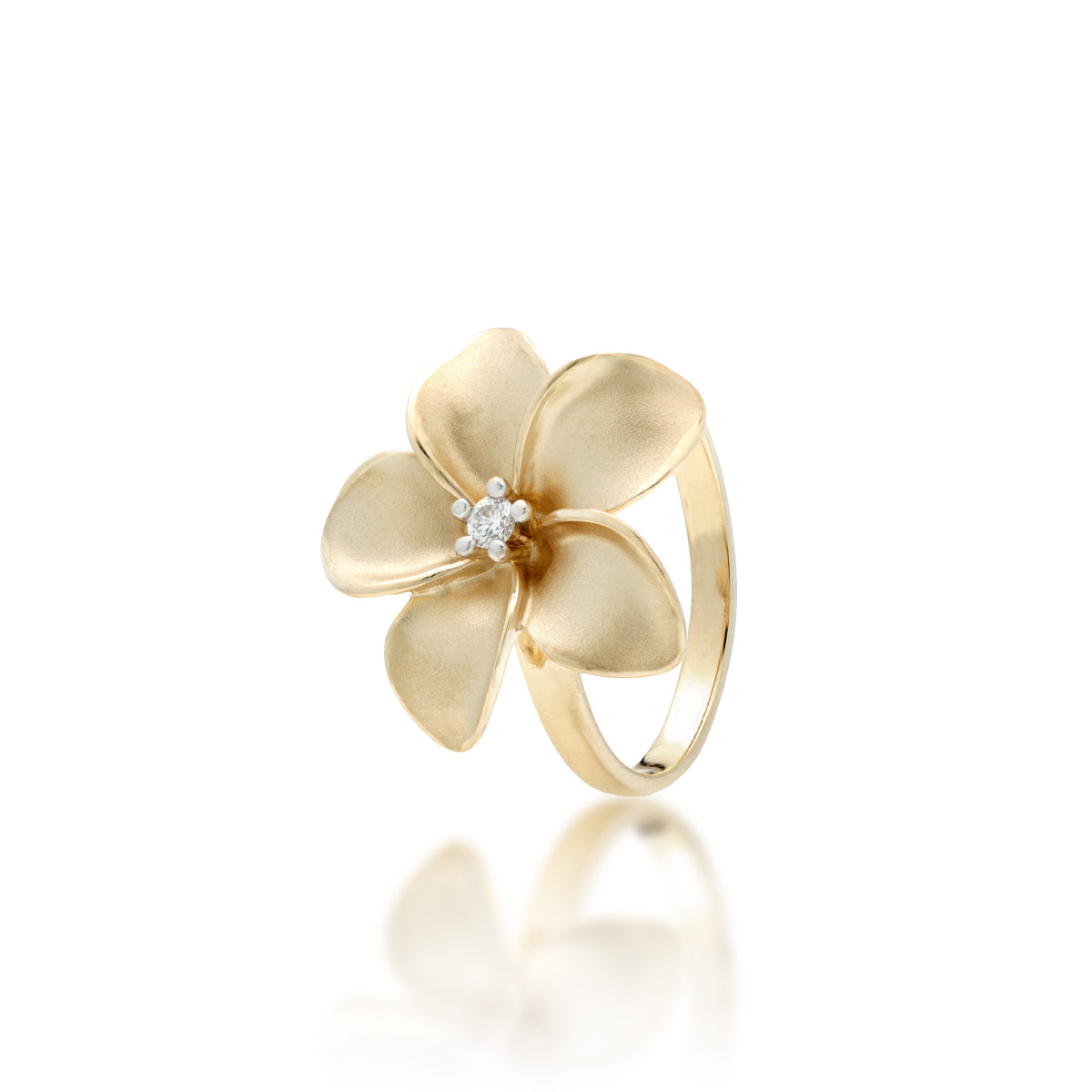 A large 14k yellow gold plumeria flower ring with high-polish edges, satin finish inside the petals, and diamond accent at the center of the flower, shown on a white background