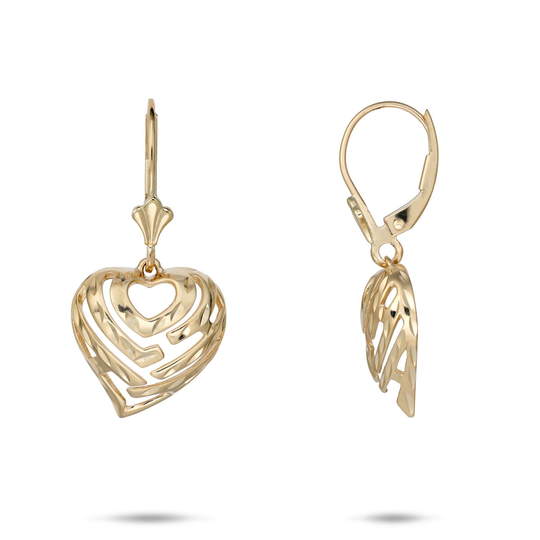 15mm Aloha Heart Fleur de Lis Leverback Earrings in 14k Yellow Gold on a white background