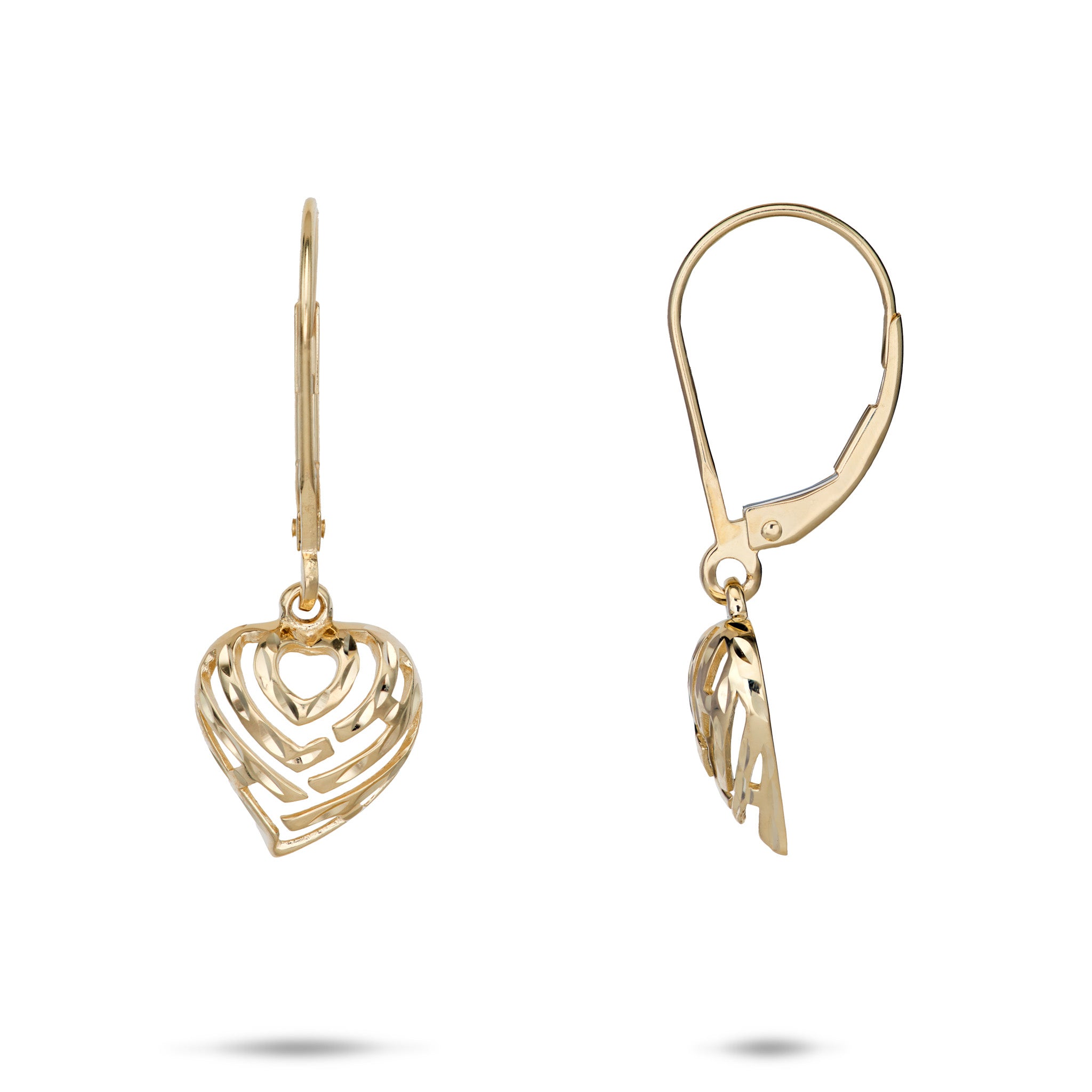 11mm Aloha Heart Leverback Earrings with Diamond-cut finish in Gold on a white background