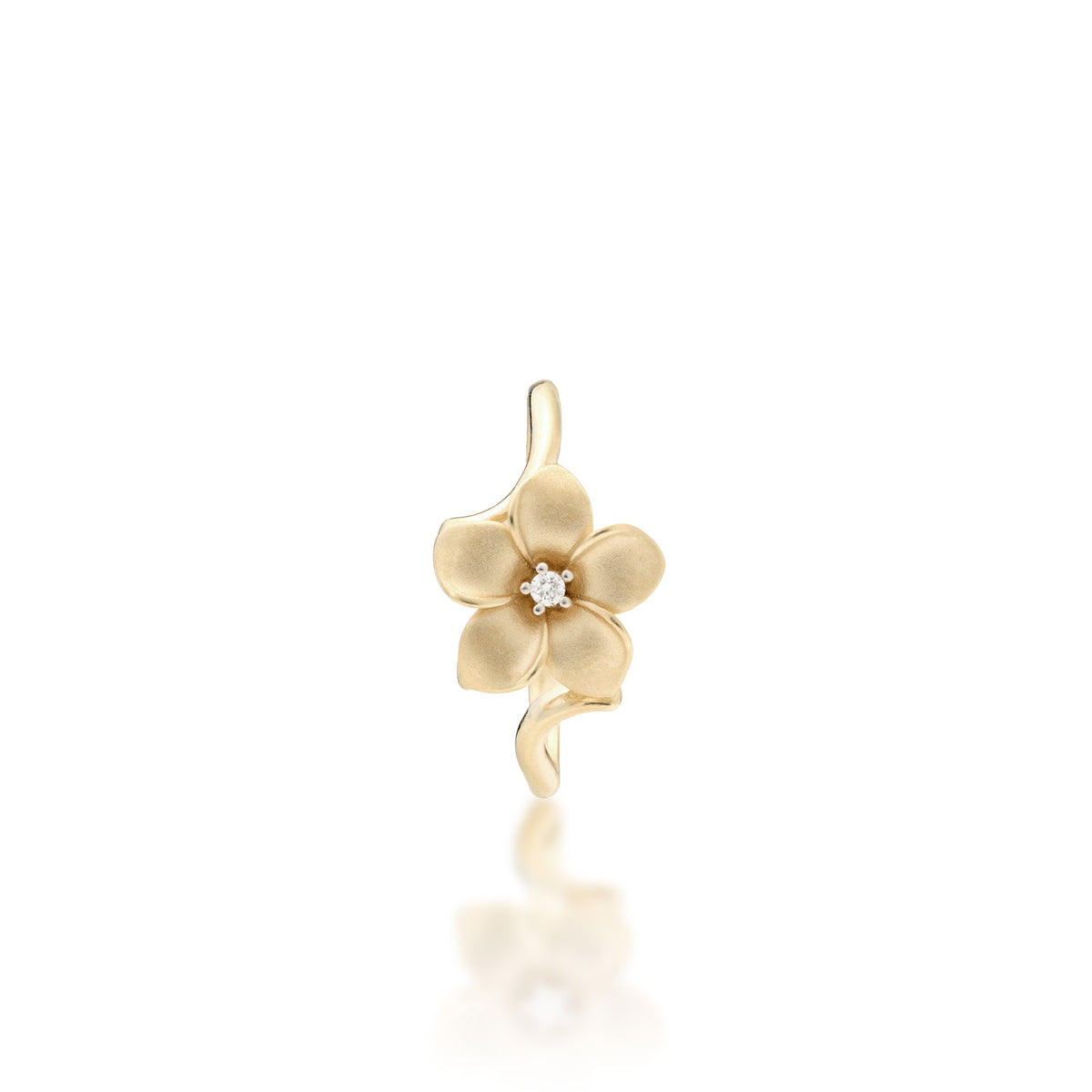 A top-down view of a 14k yellow gold plumeria flower ring with a diamond accent in the center and satin finished petals with high-polish edges, shown on a white background