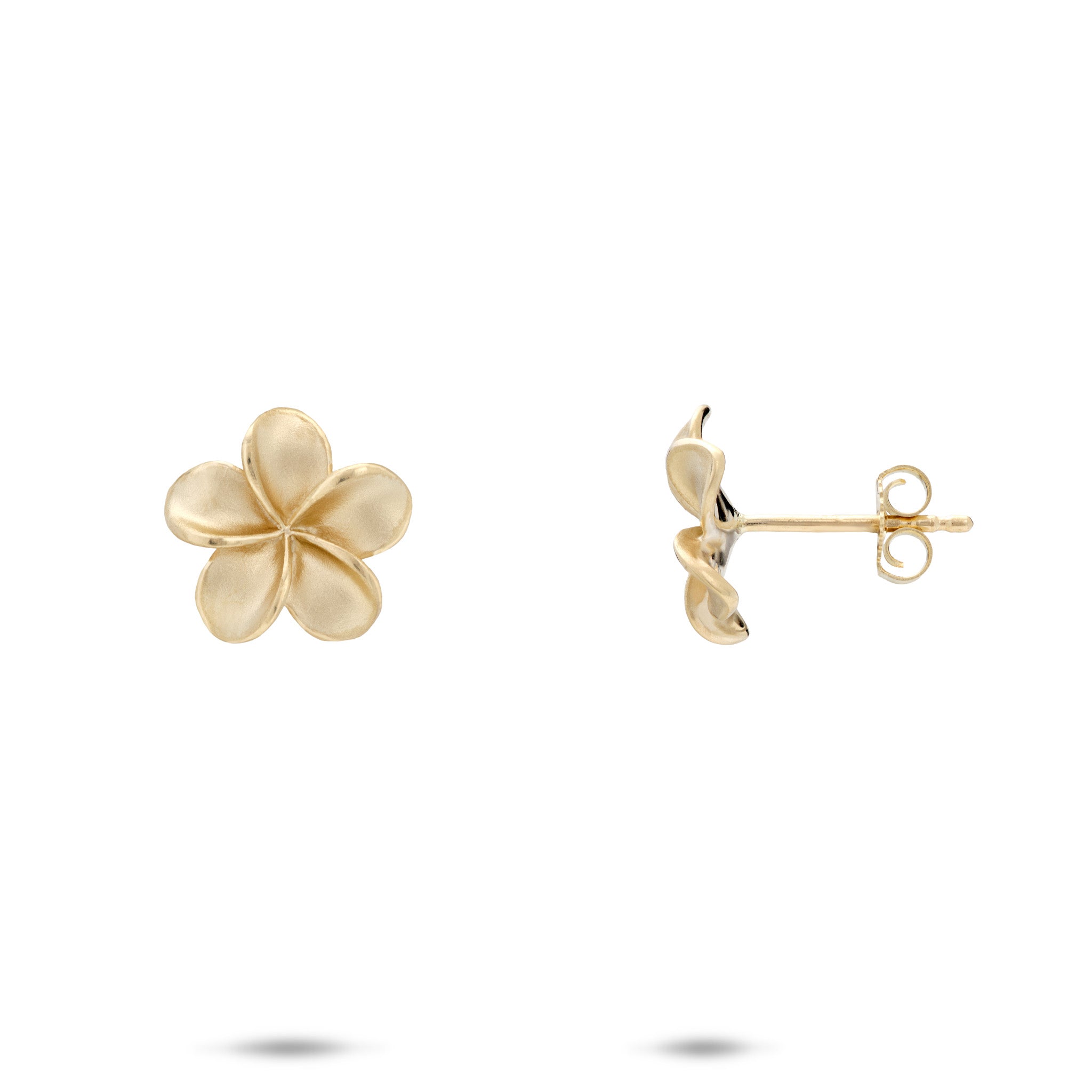 11mm Plumeria Earrings in 14k Yellow Gold on a white background