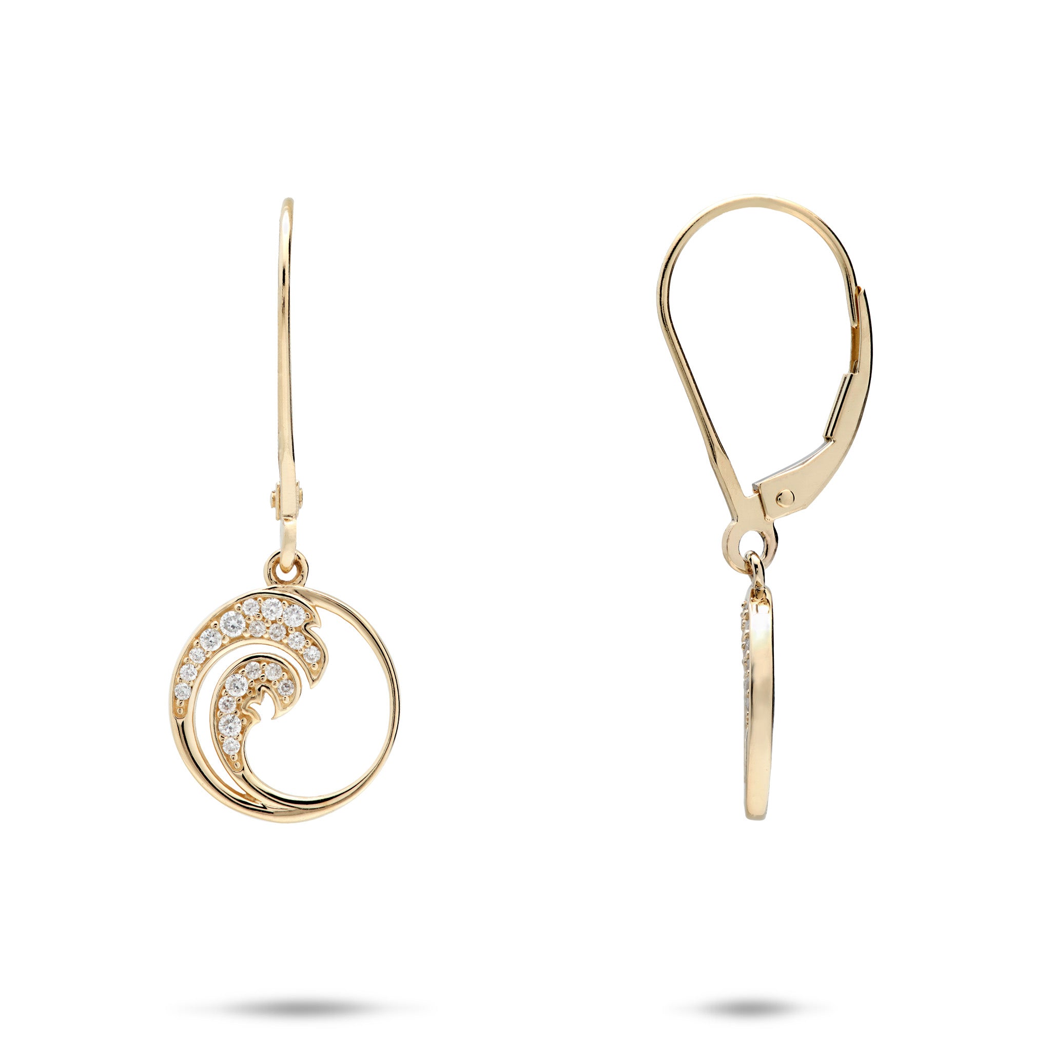 12mm Nalu Leverback Earrings in 14k Yellow Gold with Diamonds on a white background