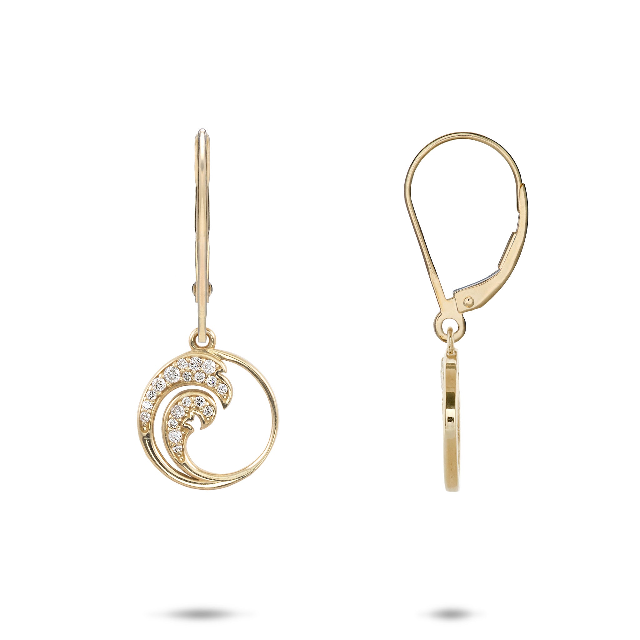12mm Nalu Leverback Earrings in 14k Yellow Gold with Diamonds on a white background