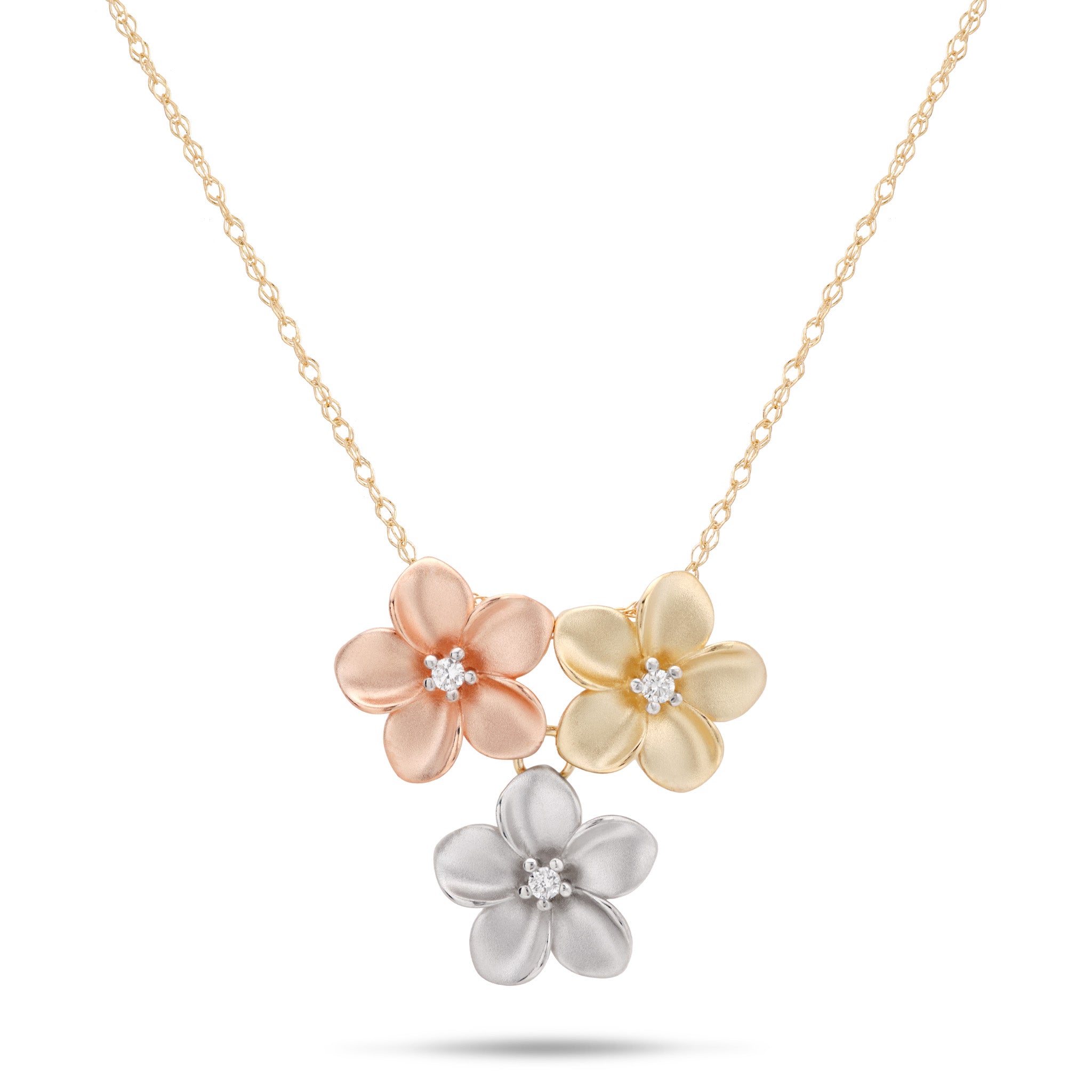 Three 11mm Plumeria Necklace in Tri Color Gold with Diamonds on a 16" chain on a white background