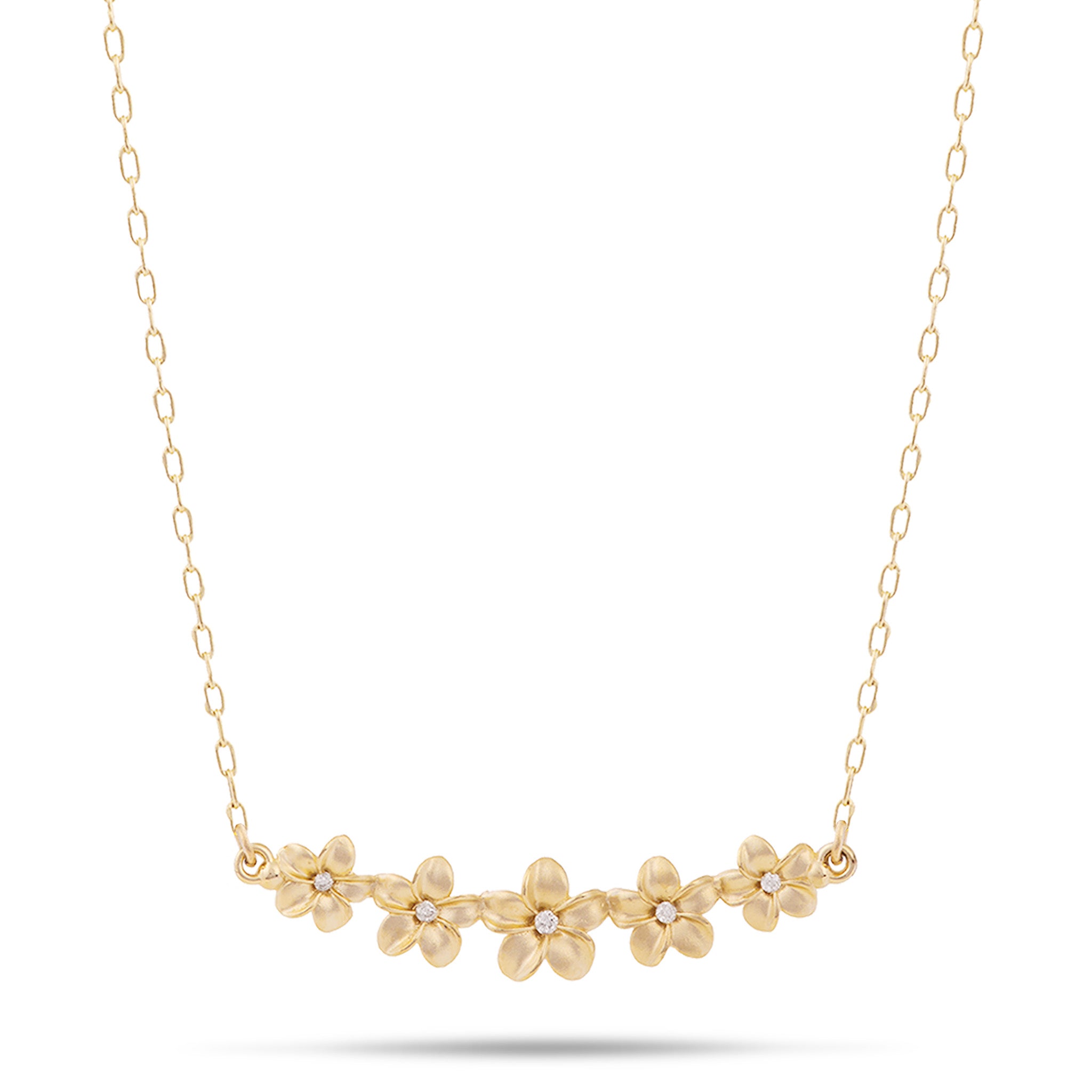 16" Plumeria Necklace in Gold with Diamonds, 30mm wide on a white background