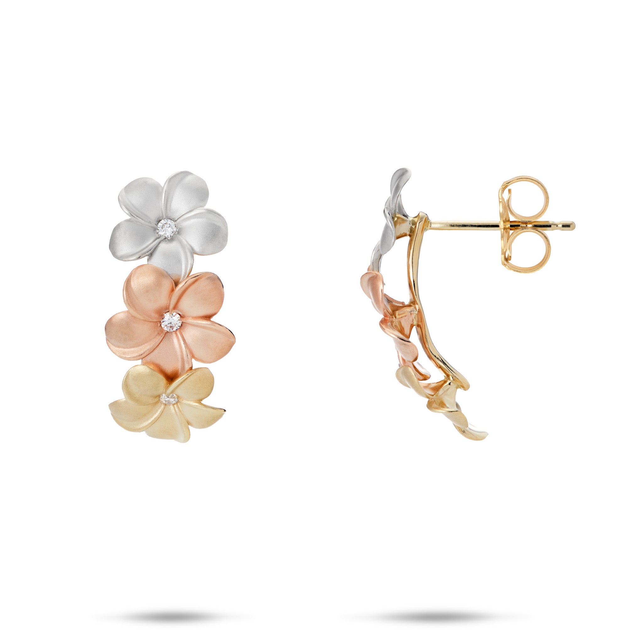 Plumeria Earrings in Tri Color Gold with Diamonds on a white background