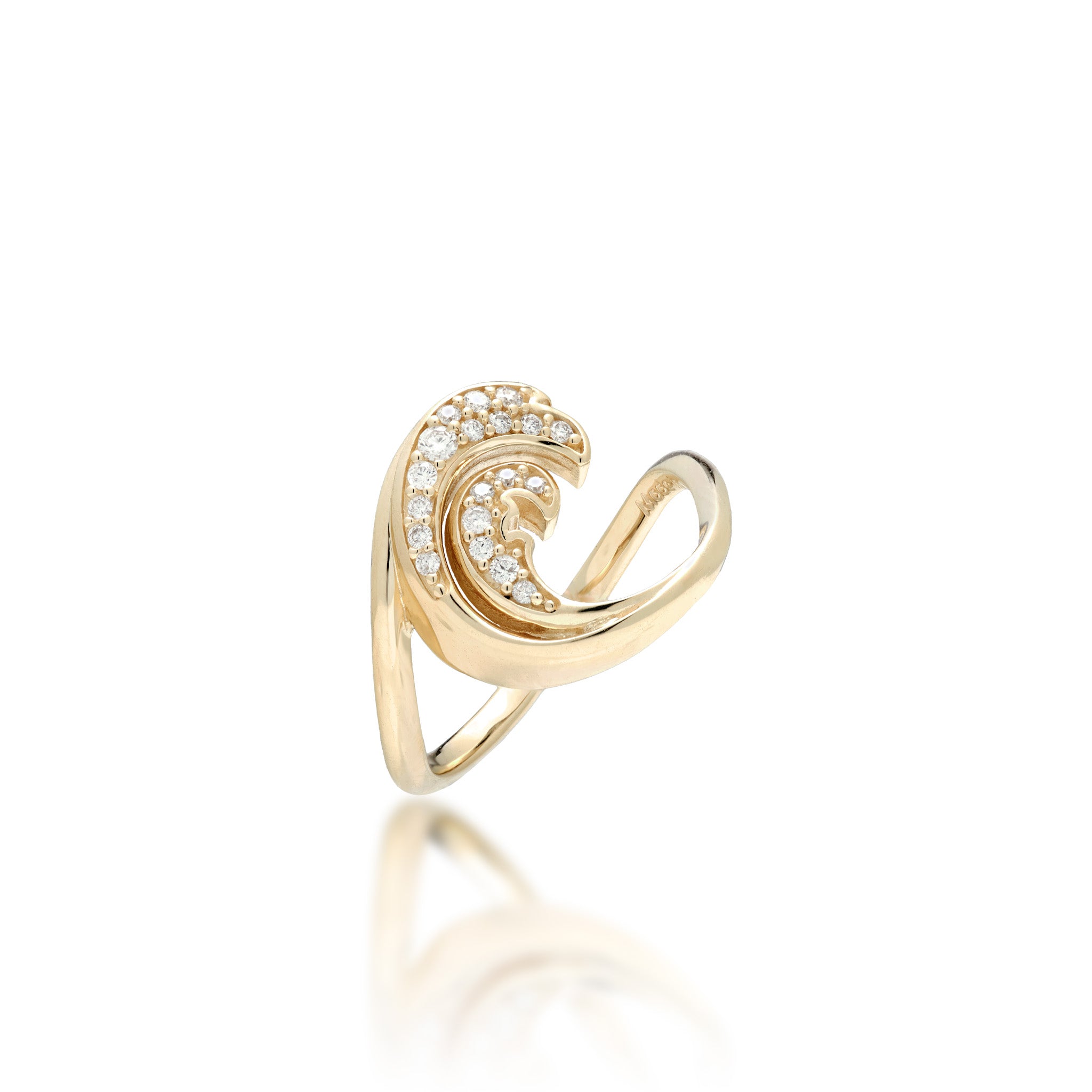 Angle view of a 15mm Nalu (Wave) Ring in 14k Yellow Gold with a diamond double wave design and high-polish on a white background