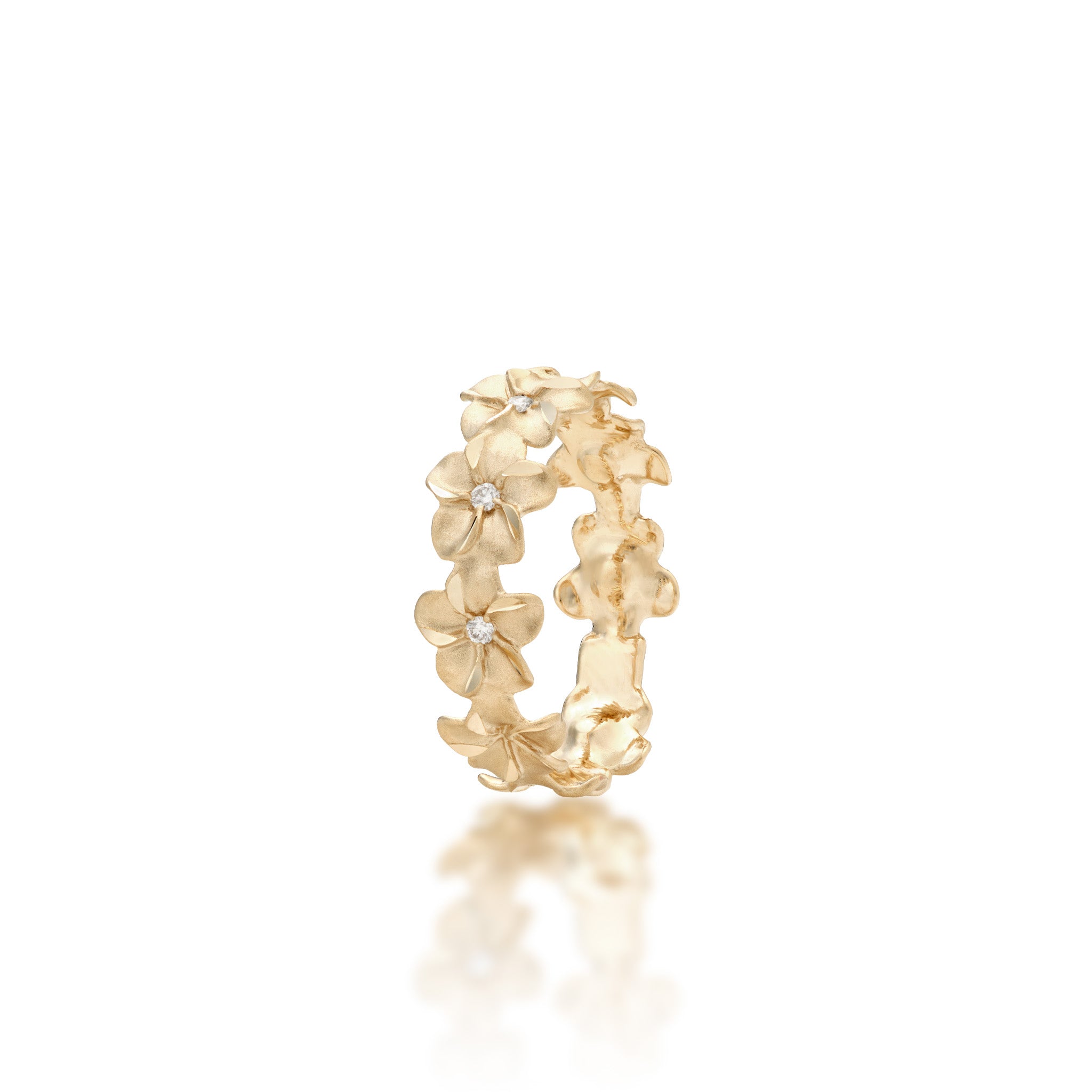 Angle view of the 6mm Plumeria Eternity Ring in 14k Yellow Gold with Diamonds