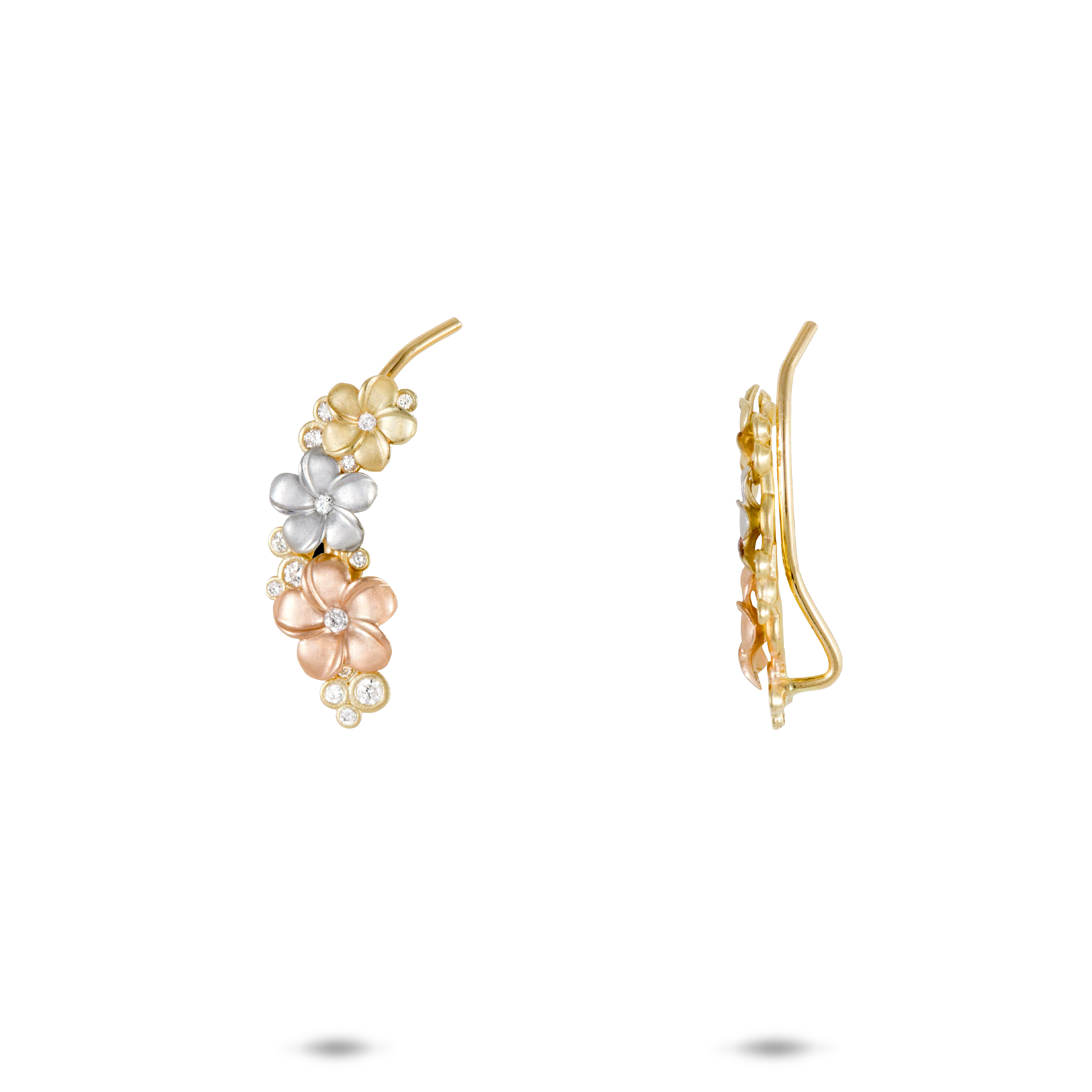 Plumeria Climber Earrings in Tri Color Gold with Diamonds - 20mm