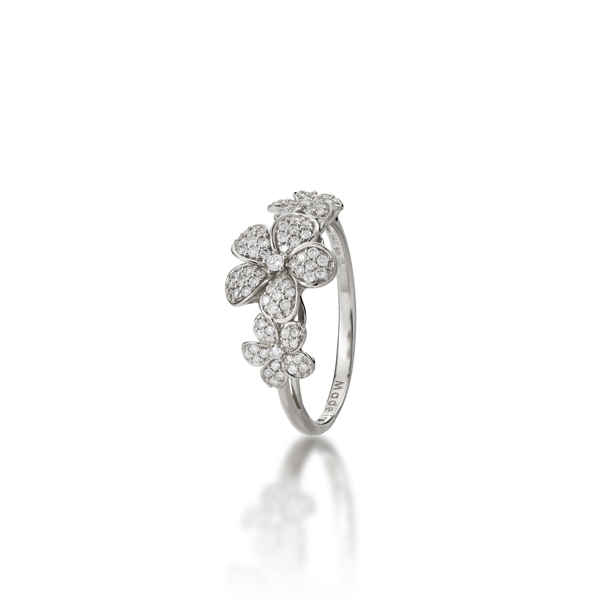10mm Three Plumeria Ring in White Gold with Diamonds on a white background