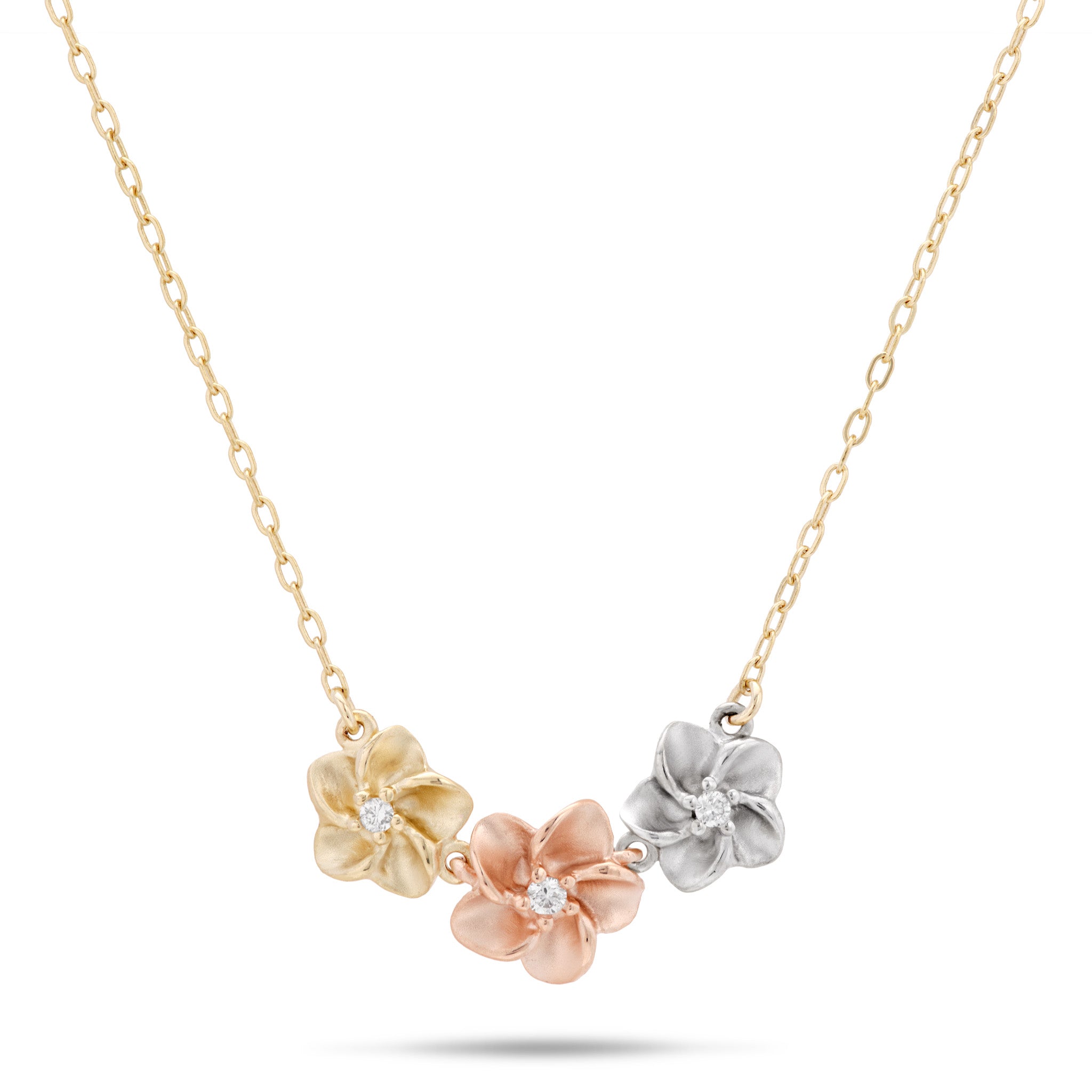 Plumeria Necklace in Tri Color Gold with Diamonds on a white background