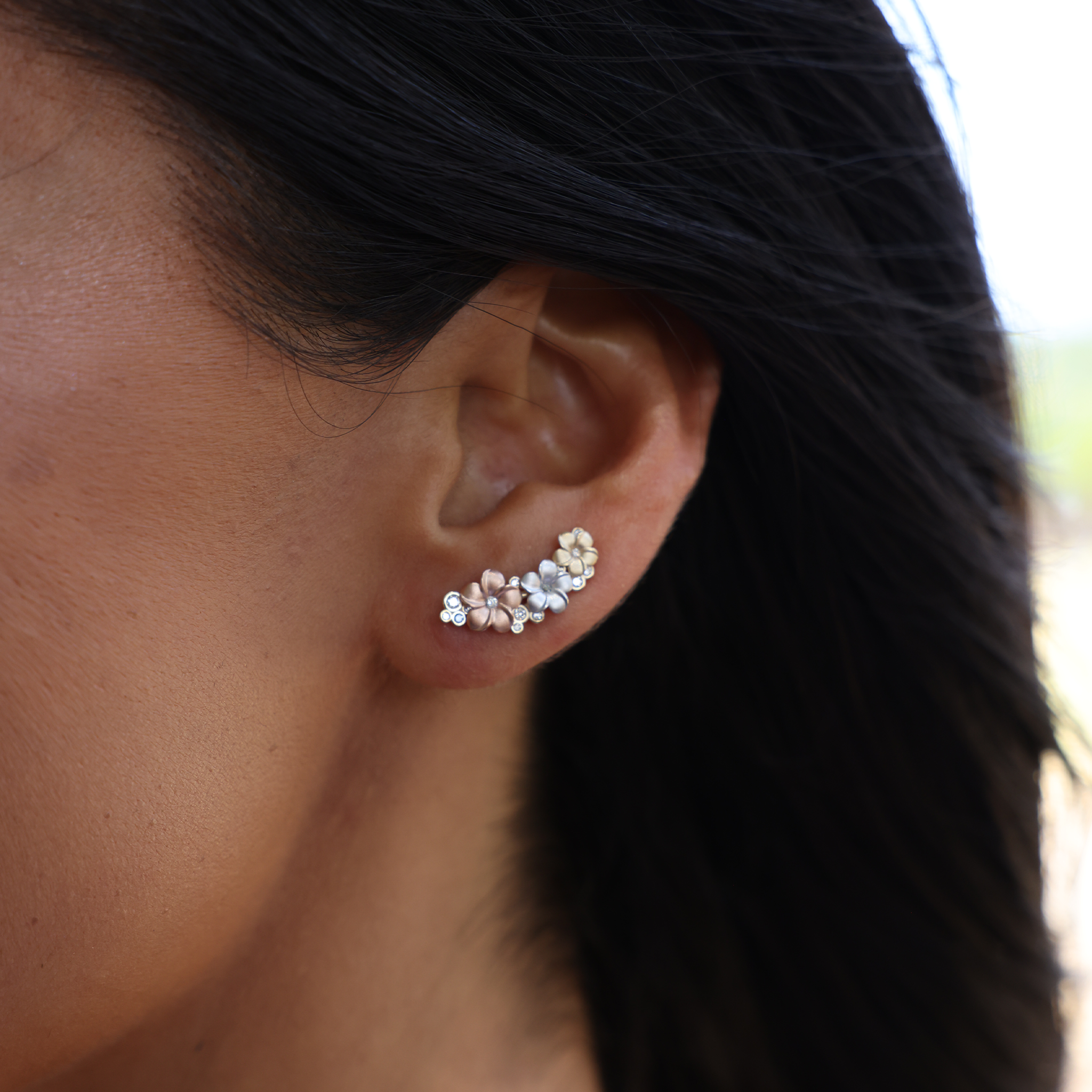 Plumeria Climber Earrings in Tri Color Gold with Diamonds - 20mm