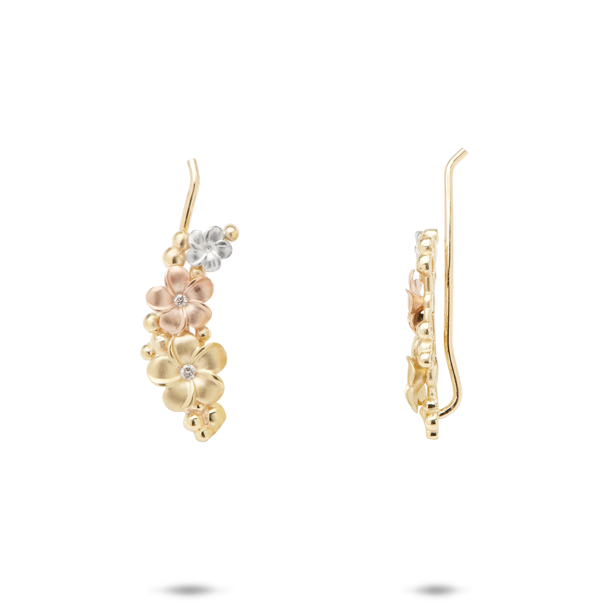 Plumeria Climber Climber Earrings in Tri Color Gold with Diamonds