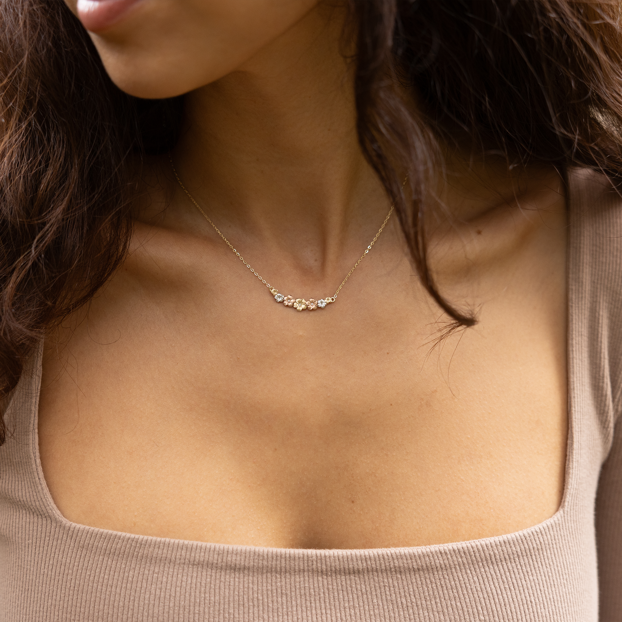 16-18" Adjustable Plumeria Necklace in Tri Color Gold With Diamonds - 25mm