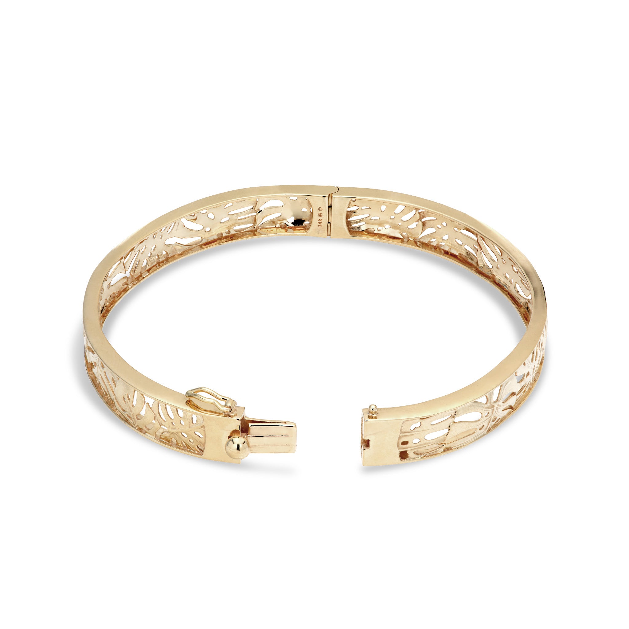 Open hinge detail of an 8mm Monstera Hinge Bracelet in Gold on a white background