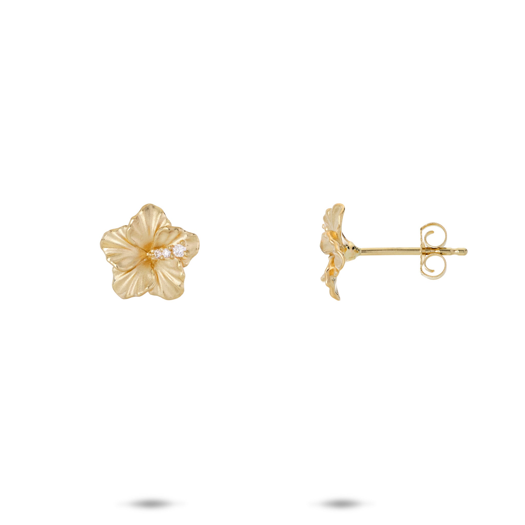 9.5mm Diamond Hibiscus Earrings in 14k Yellow Gold on a white background