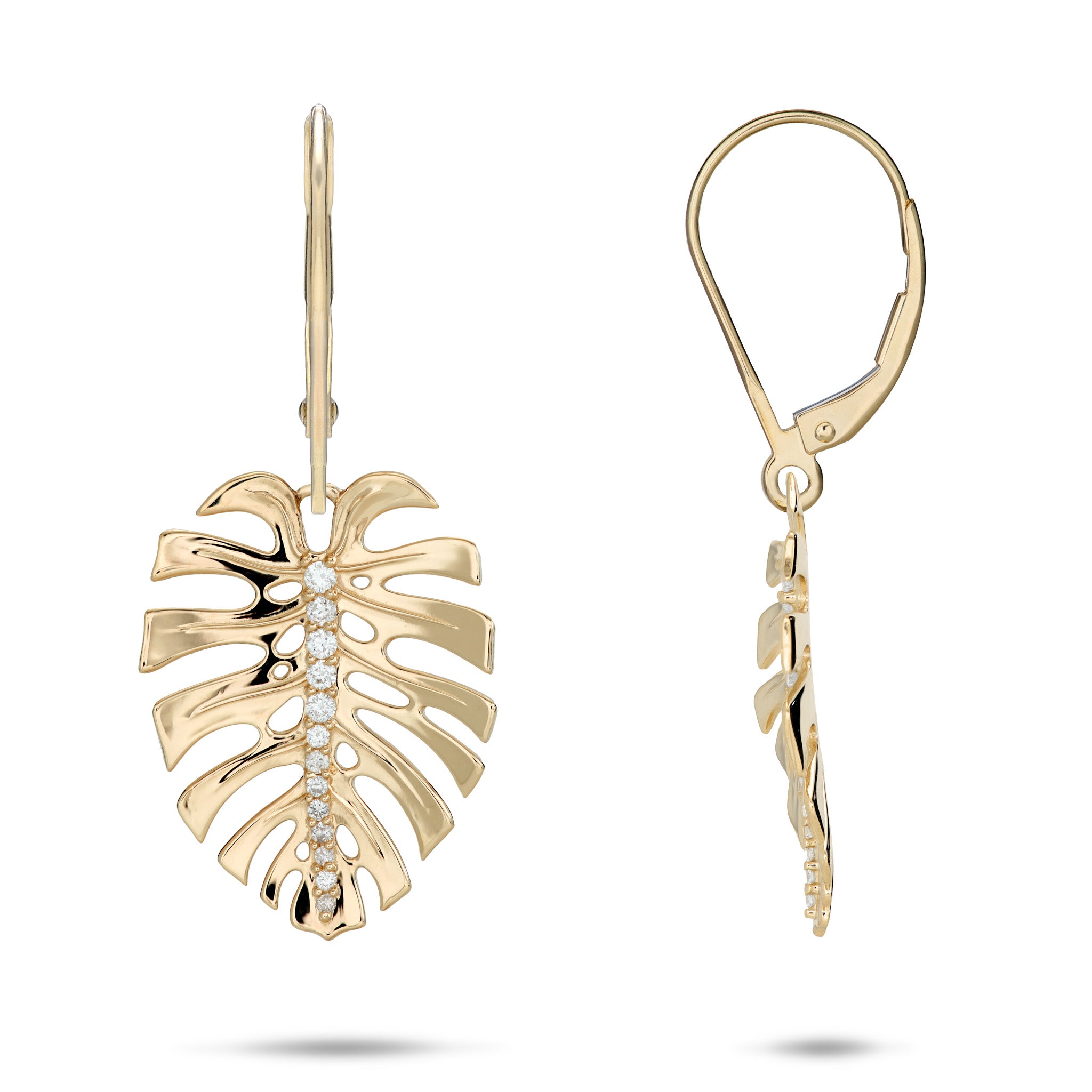 23mm Monstera Earrings in 14k Yellow Gold with Diamonds on a White Background