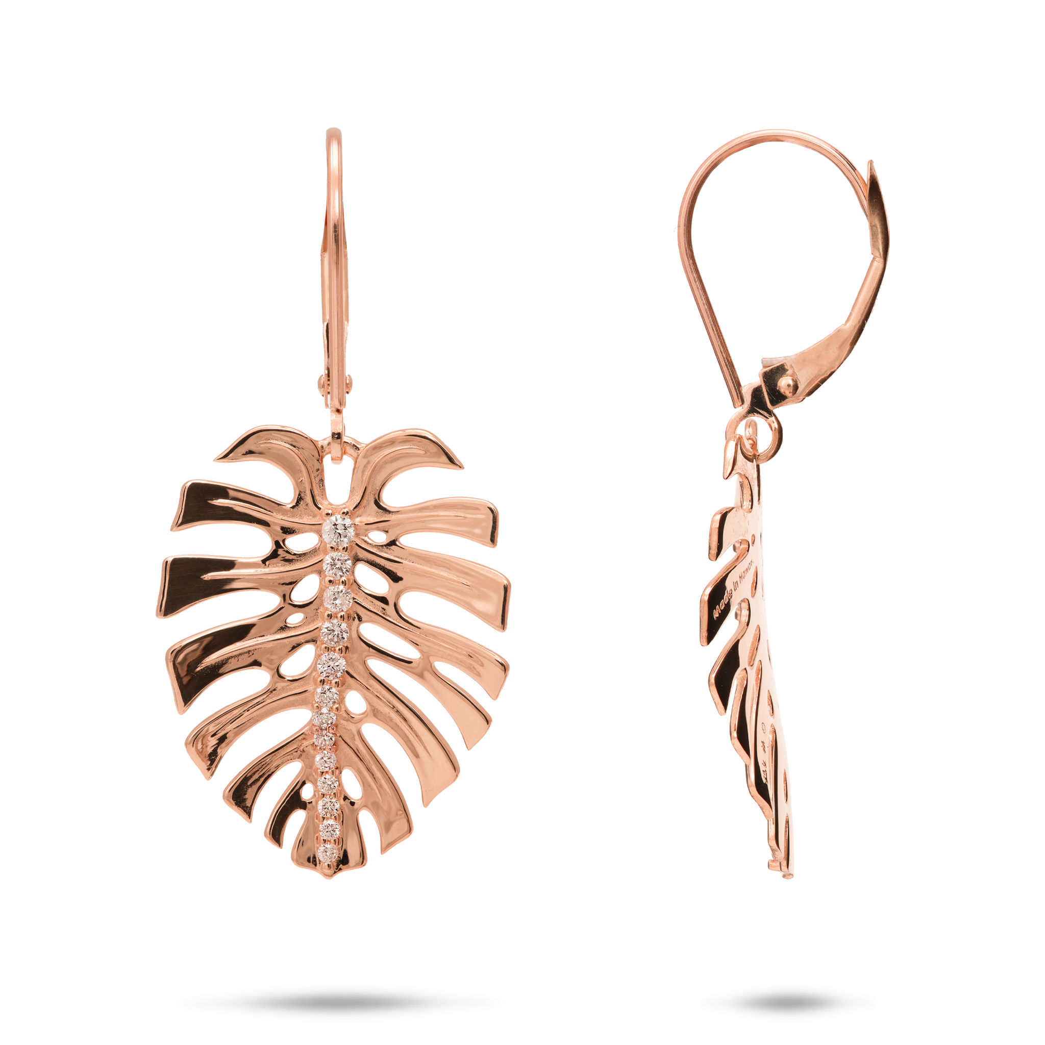 Monstera Earrings in Rose Gold with Diamonds - 23mm