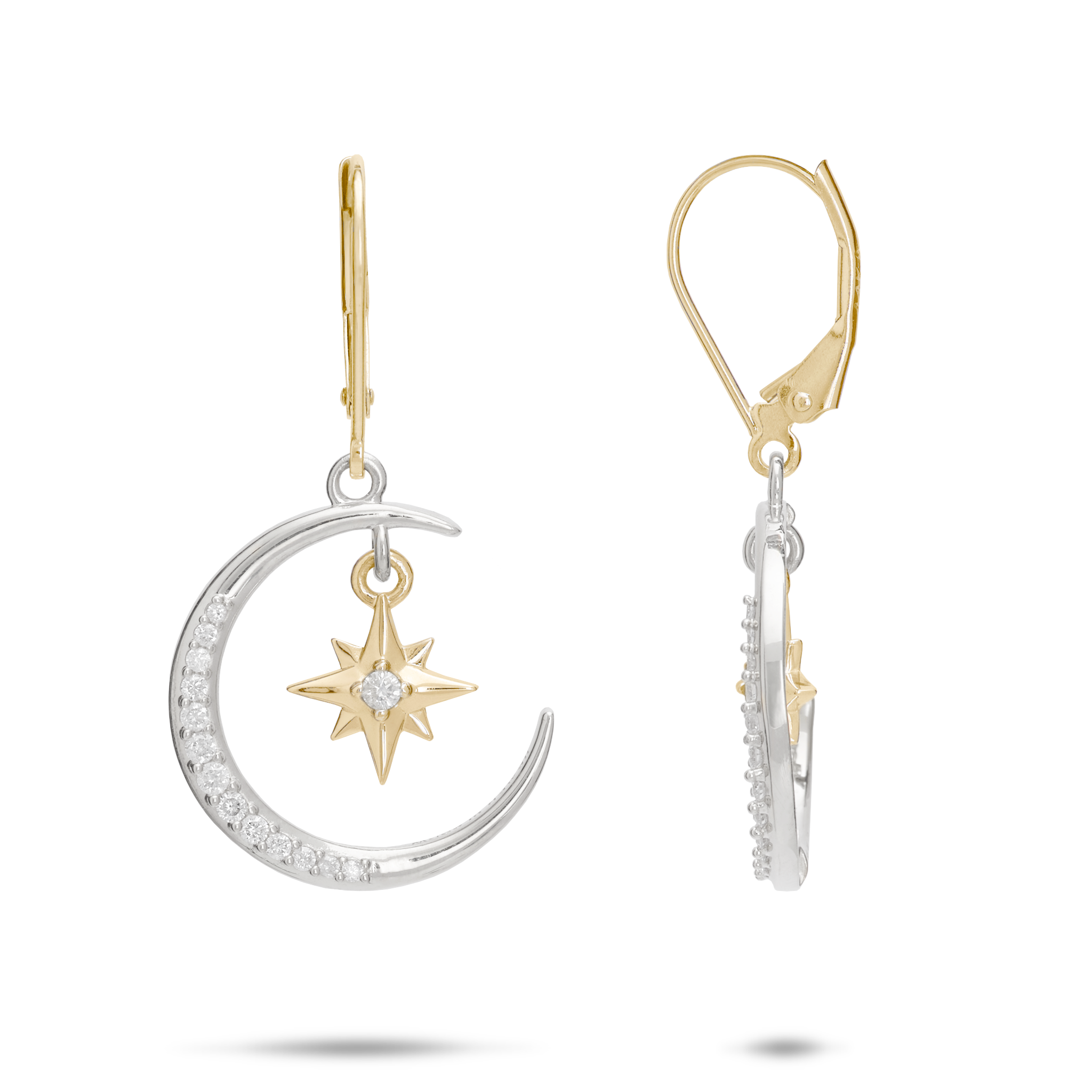 Moon & Star Mermaid Earrings in Two Tone Gold with Diamonds