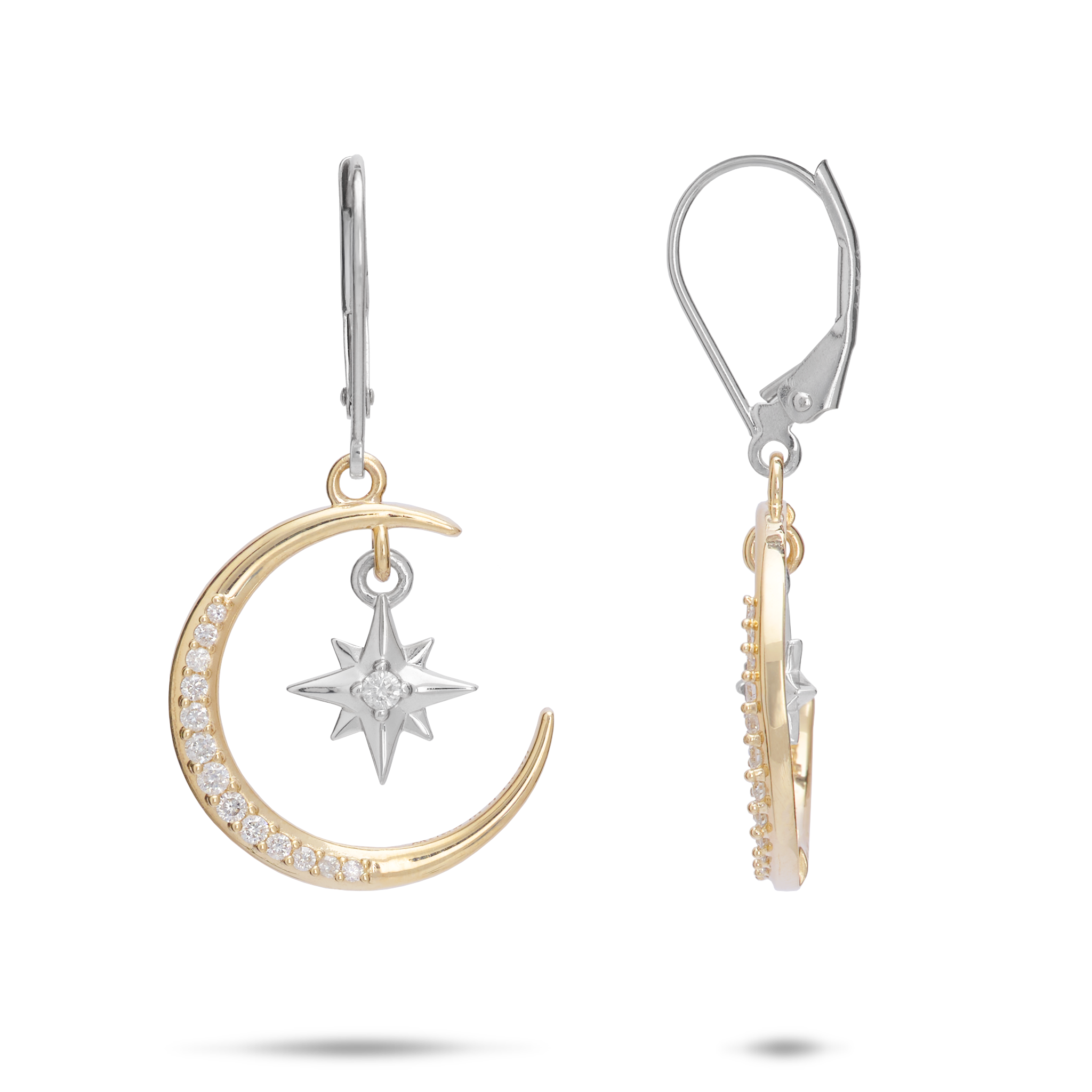 Moon & Star Mermaid Earrings in Two Tone Gold with Diamonds