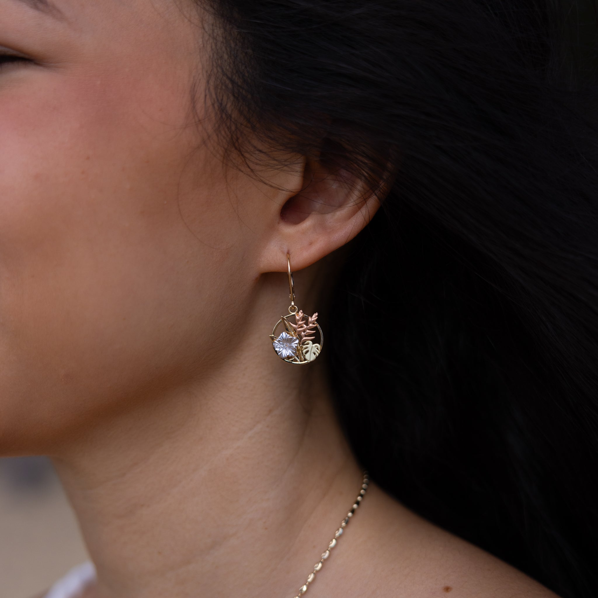 Hawaiian Gardens Hibiscus Earrings in Four Tone Gold with Diamonds - 15mm