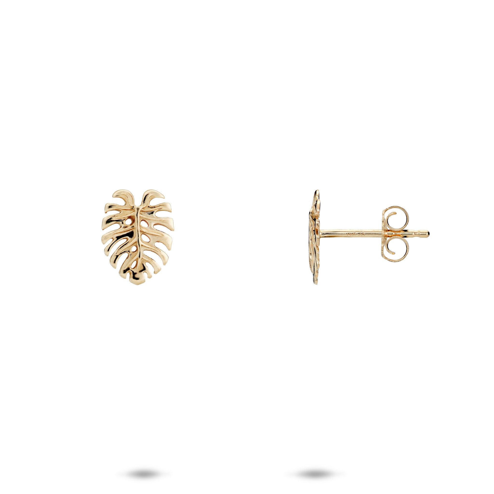 9mm Monstera Earrings in 14k Yellow Gold on a white background