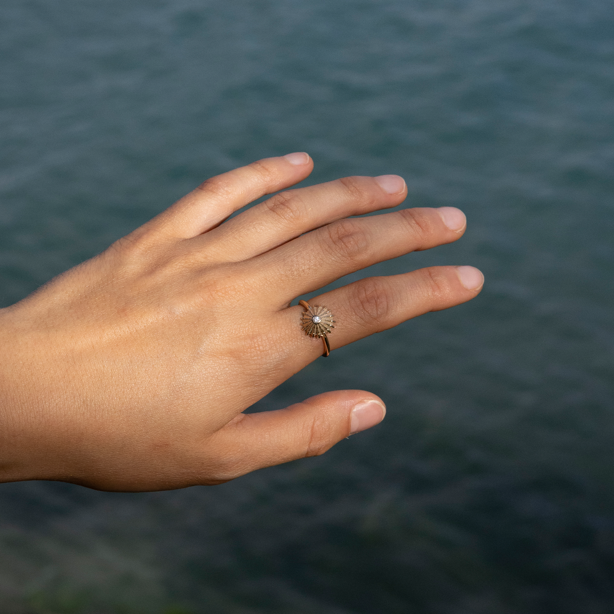 12mm ʻOpihi Ring in Gold with Diamond on hand held over water