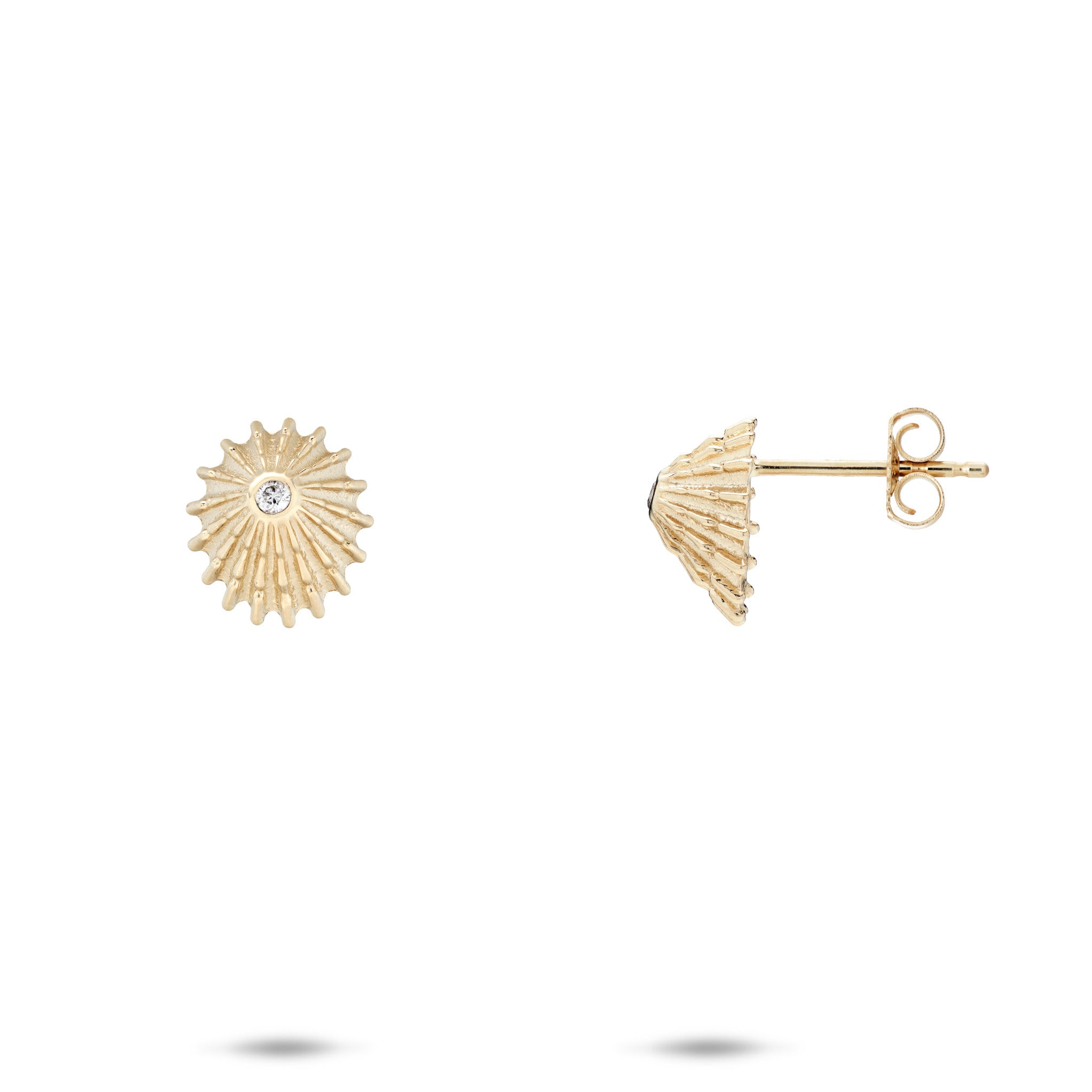Pair of 14k Yellow Gold 10mm ʻOpihi Earrings with Diamond Accent on a white background