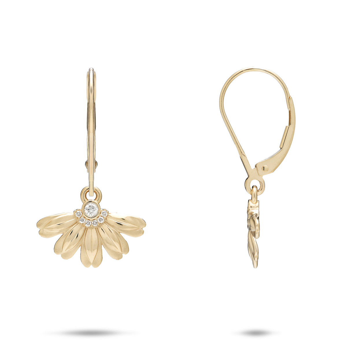A pair of 14k yellow gold leverback earrings with a beach naupaka flower design with satin and high-polish petals, and center diamonds with a row of curved diamonds around it, shown with a front and side profile view, against a white background