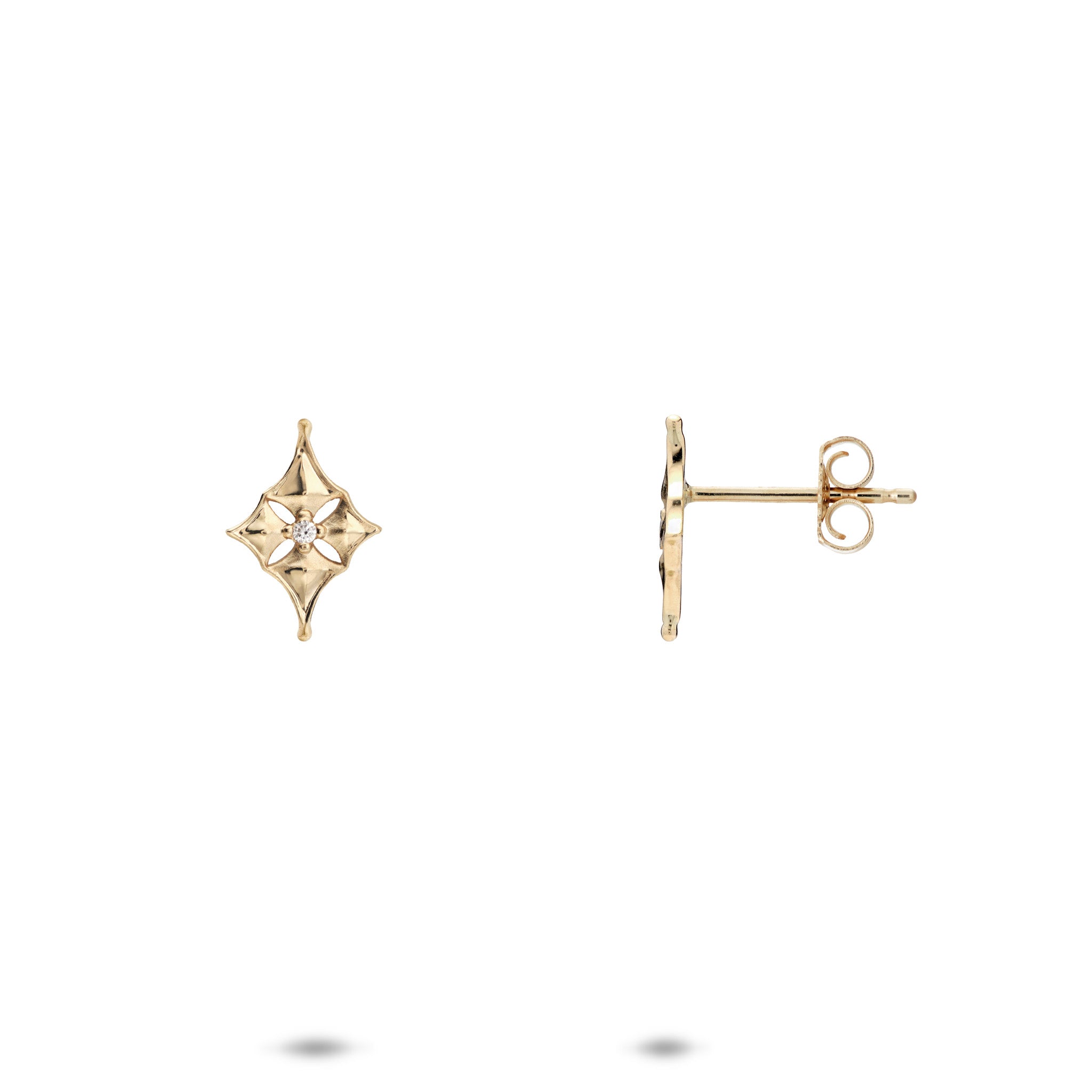 10mm Hawaiian Quilted Star Earrings in 14k Yellow Gold with Diamonds on a white background
