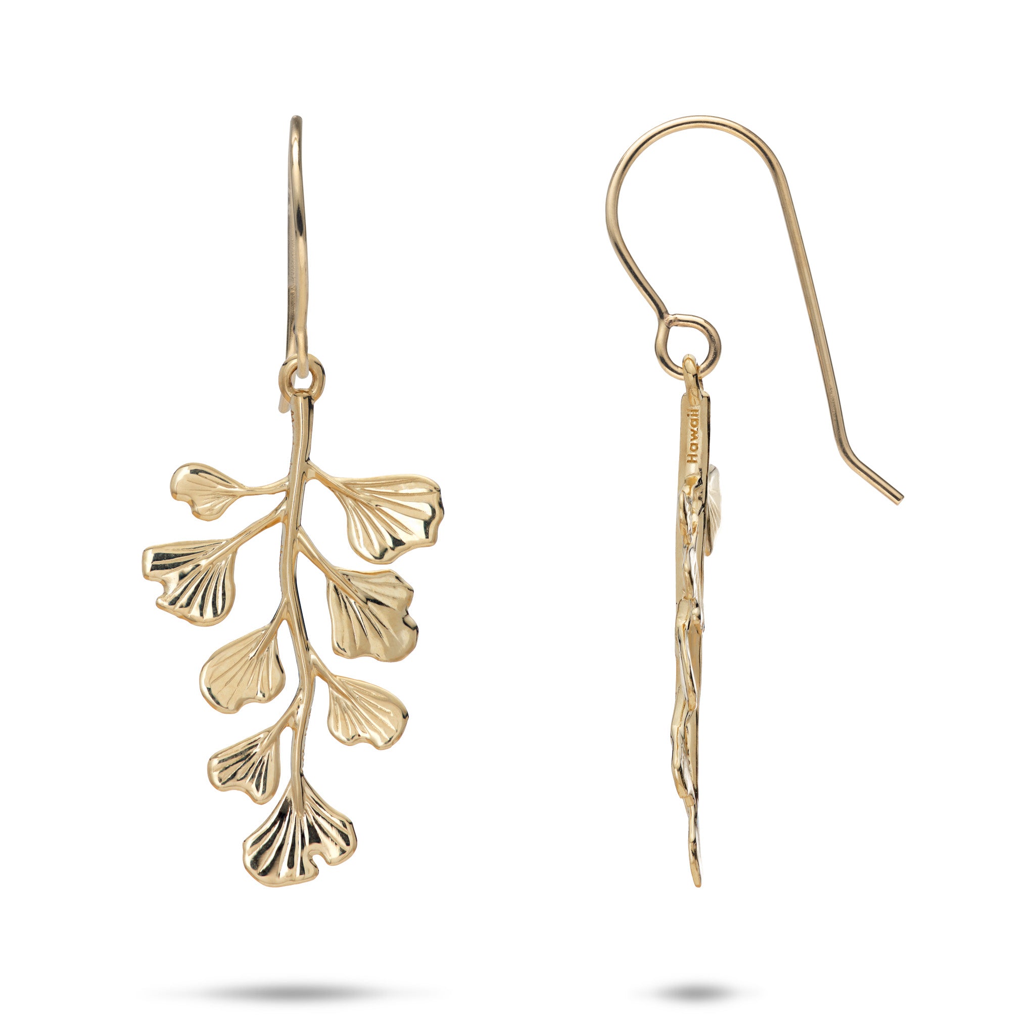 26mm ʻIwaʻiwa (Maiden Hair) Fern Shepherd's Hook Earrings in solid 14k Yellow Gold with a high-polish finish on a White Background
