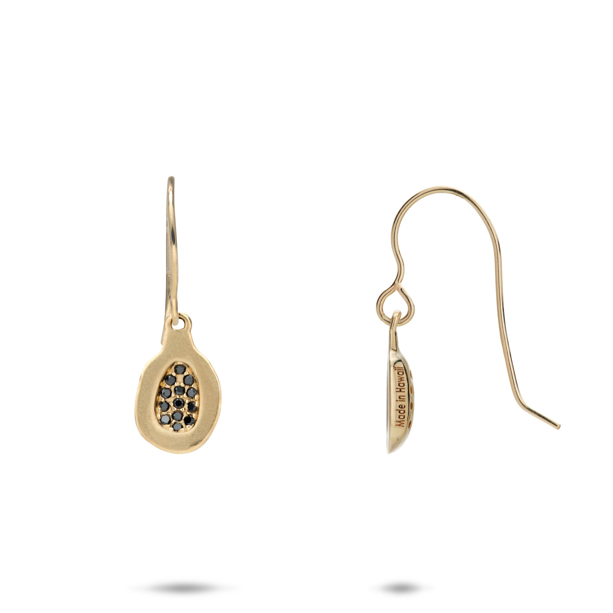 13mm Papaya Shepherd's Hook Earrings in 14k Yellow Gold with Black Diamonds on a White Background