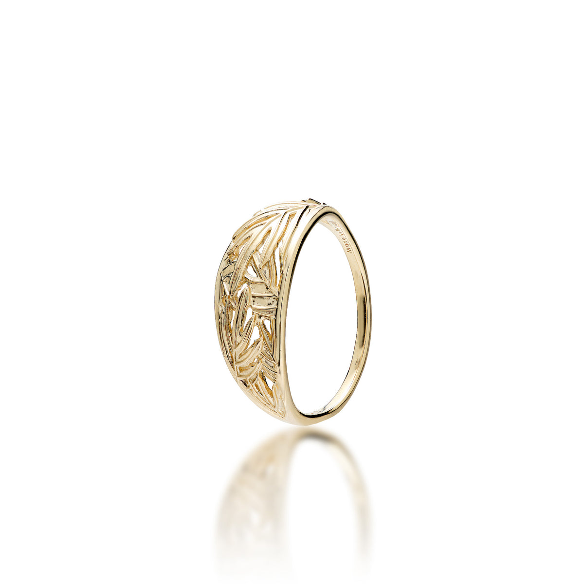 Tapered 8mm Lauaʻe Fern Ring in 14k Yellow Gold with High-polish finish on a white background