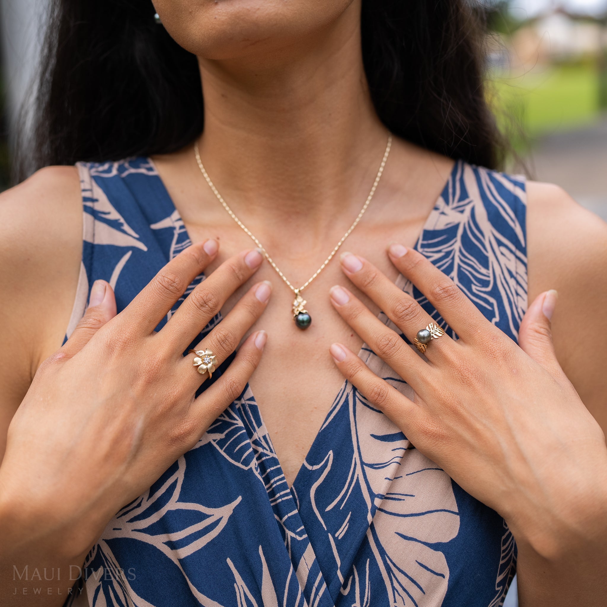 金色のモンステラタヒチアンブラックパールリング-8-9mm