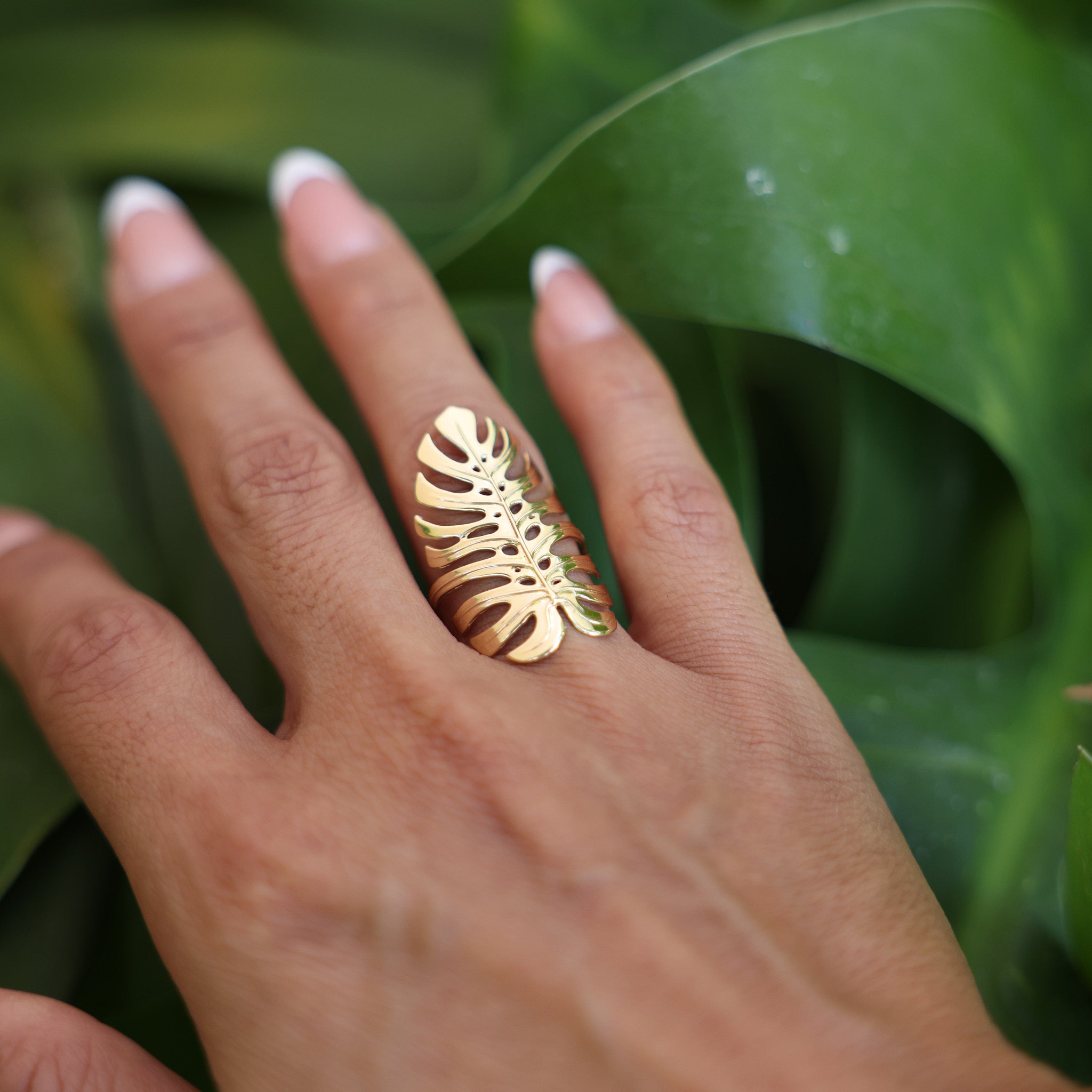 30mm Monstera Ring in Gold on hand with big green leaves blurred in the background