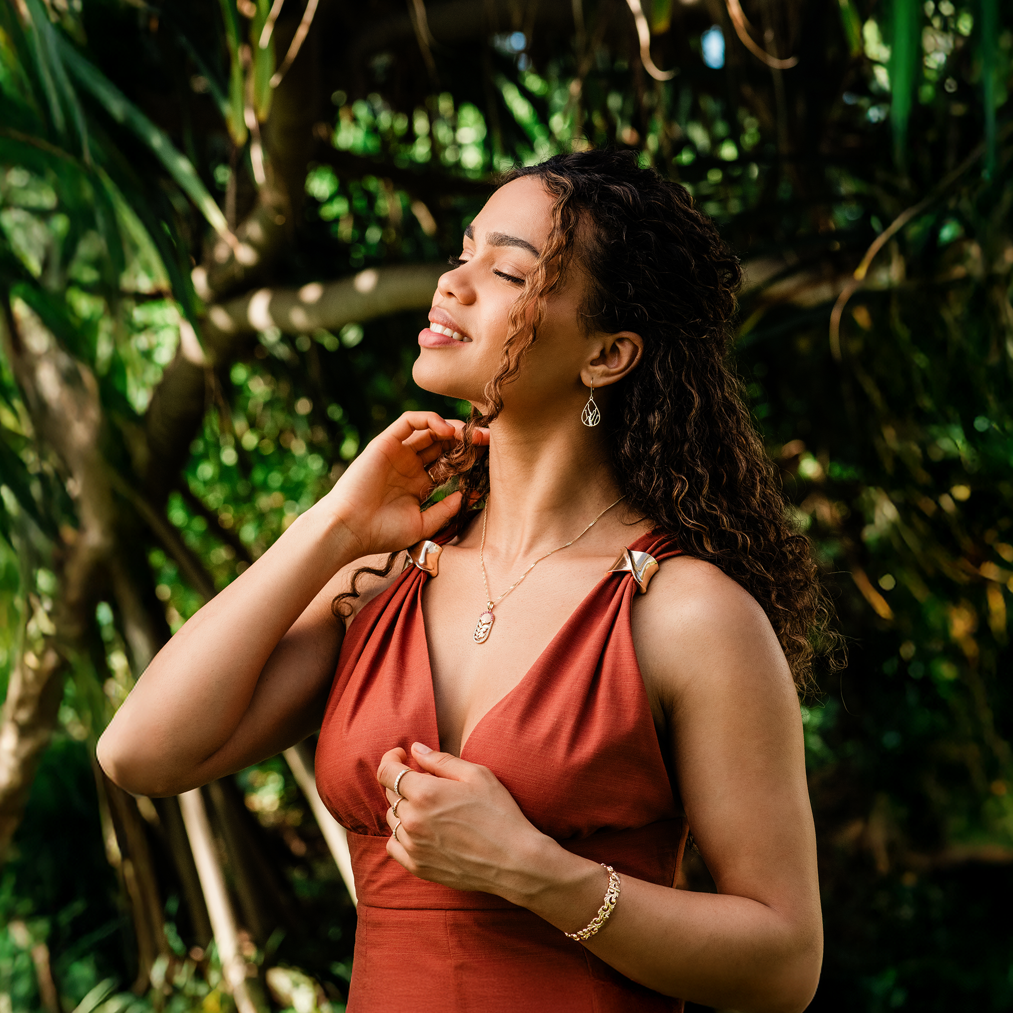 ʻŌhiʻa Lehua Ruby Pendant in Two Tone Gold with Diamonds - 27.5mm