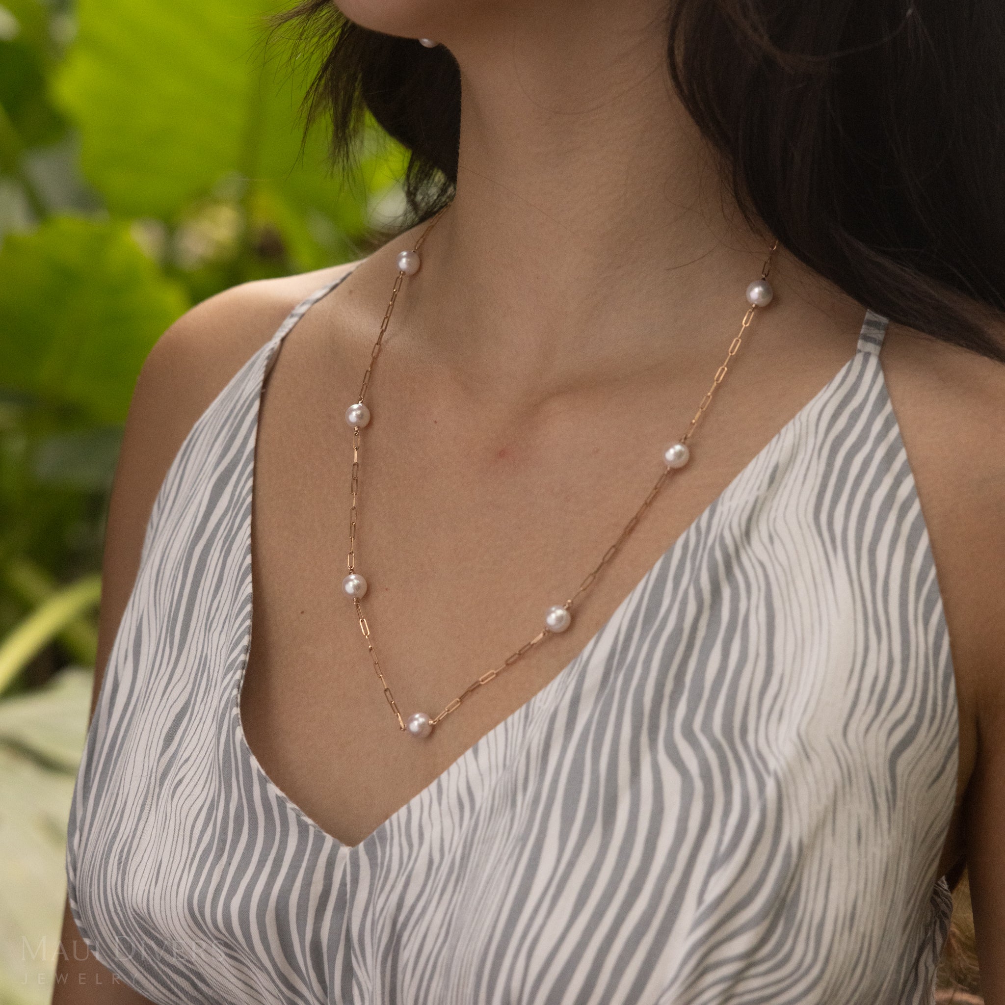 Verstellbare 24 "Akoya White Pearl Paperclip -Kettenkette in Roségold