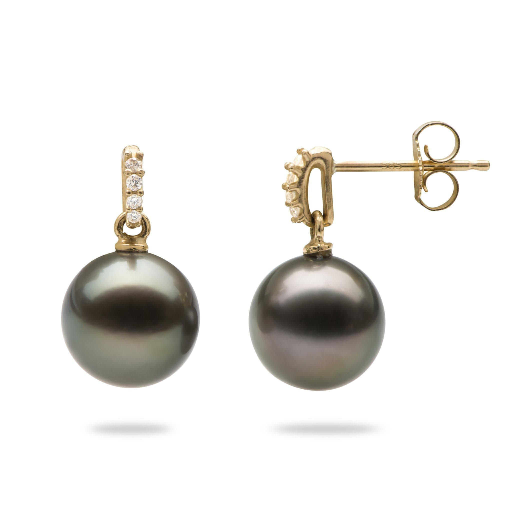 Tahitian Black Pearl Earrings in Gold with Diamonds (9-10mm)-Maui Divers Jewelry