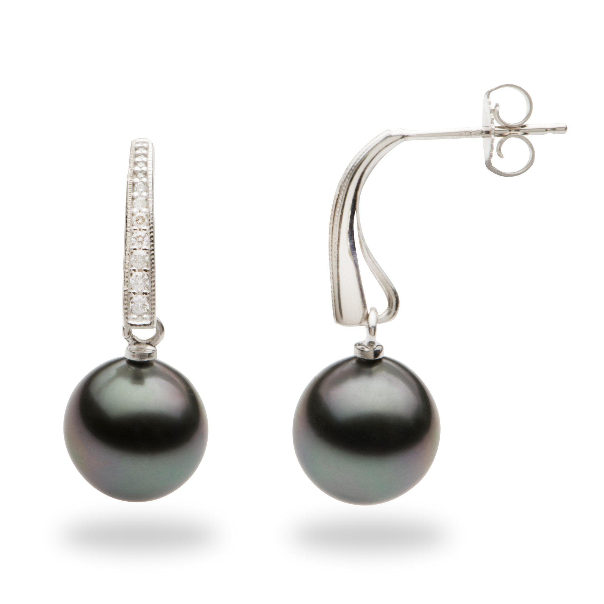 Tahitian Black Pearl Earrings with Diamonds in 14K White Gold (9-10mm)-Maui Divers Jewelry